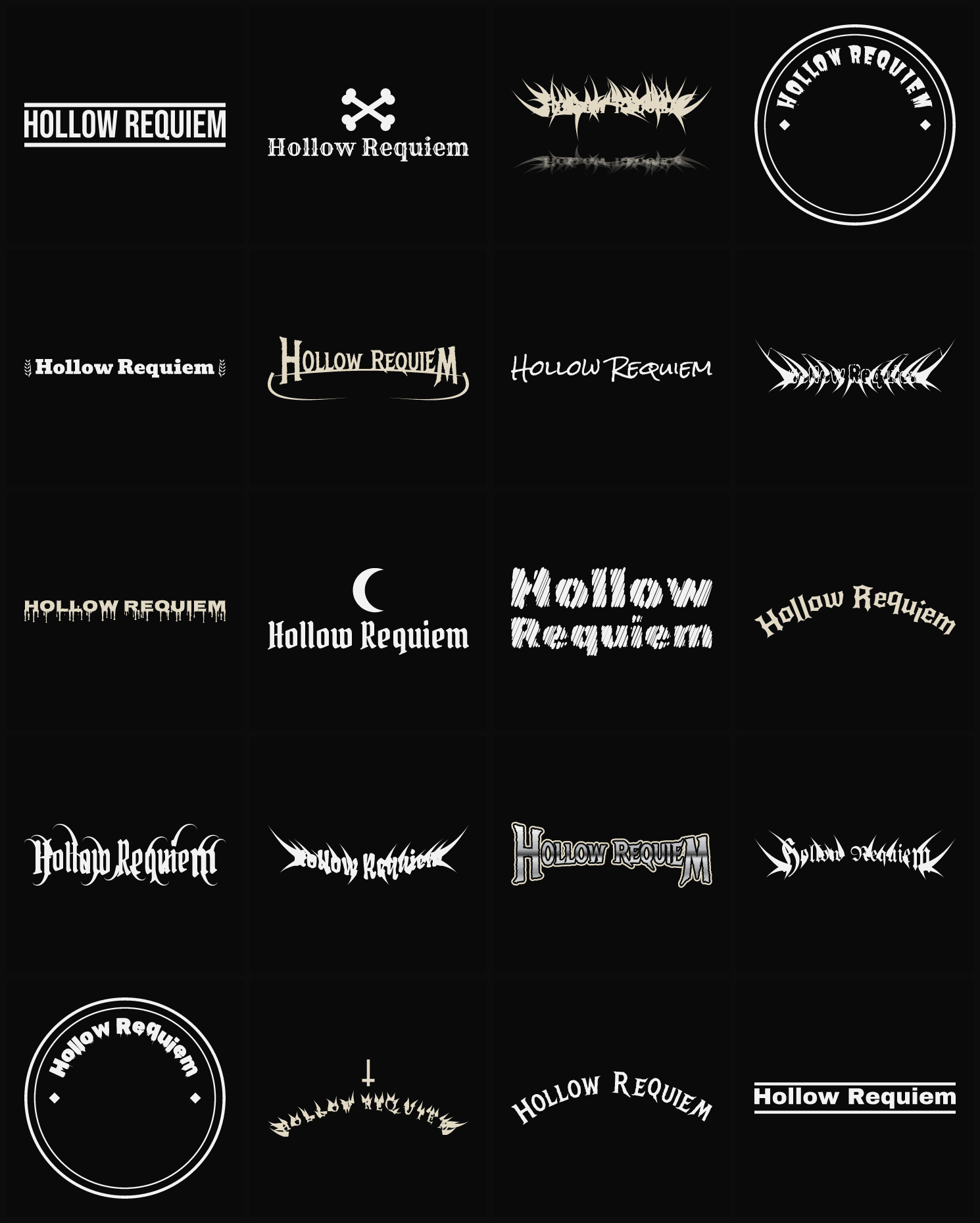 Twenty Hollow Requiem band logo ideas — different faces, treatments and spike settings
