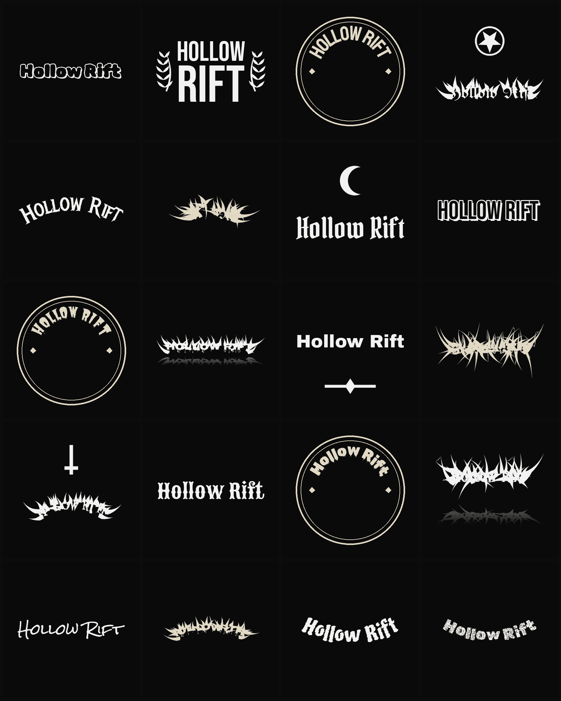 Twenty Hollow Rift band logo ideas — different faces, treatments and spike settings