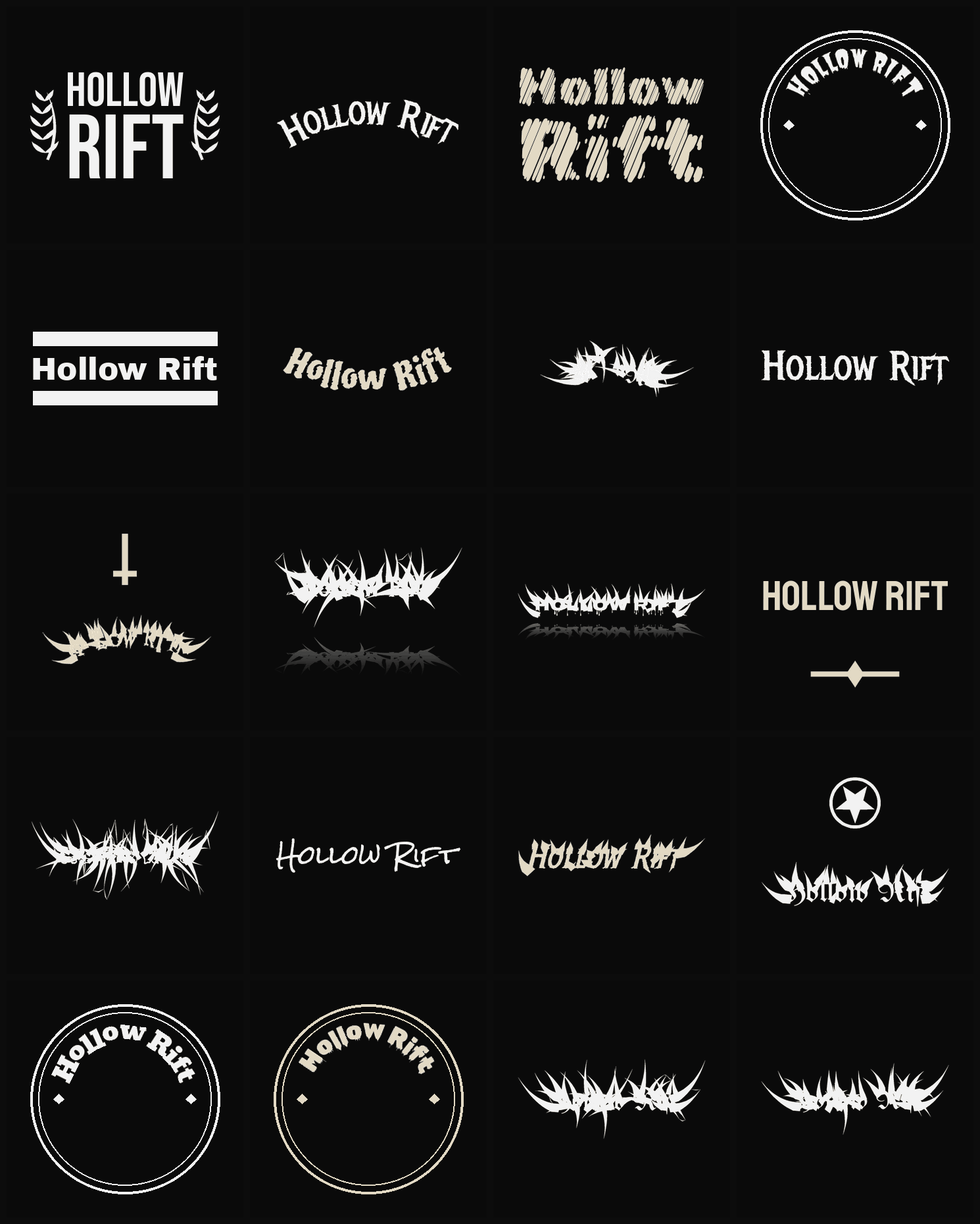Twenty Hollow Rift band logo ideas — different faces, treatments and spike settings