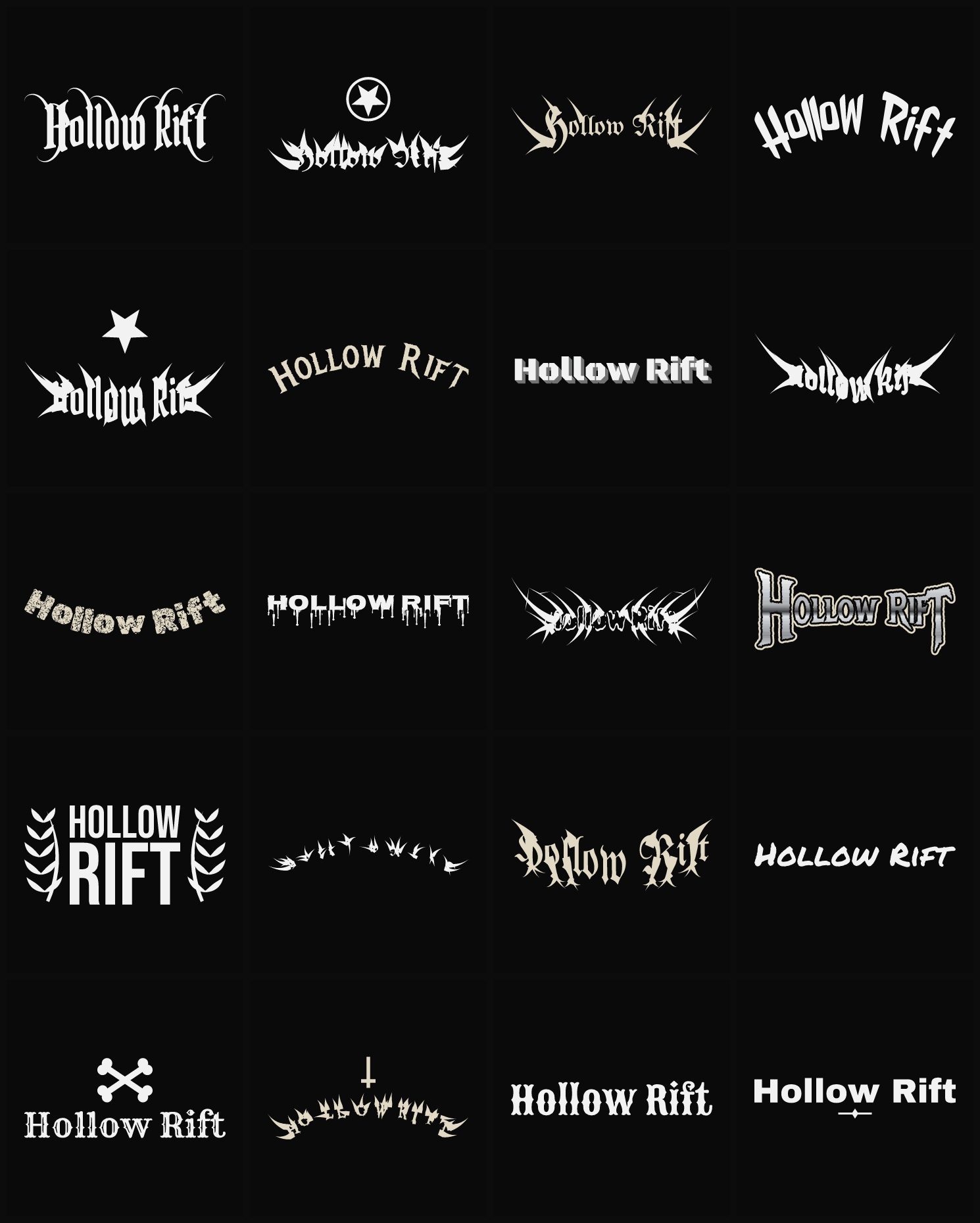 Twenty Hollow Rift band logo ideas — different faces, treatments and spike settings