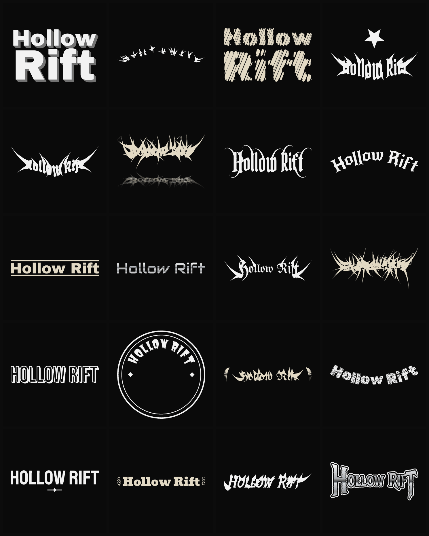 Twenty Hollow Rift band logo ideas — different faces, treatments and spike settings