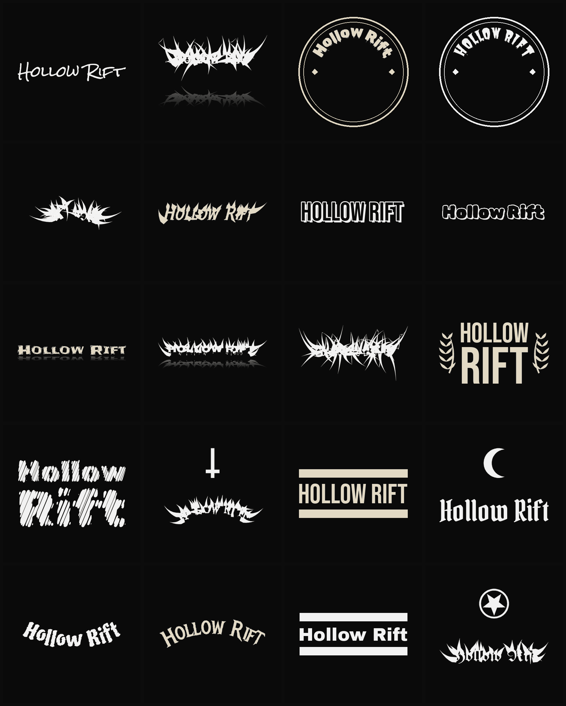 Twenty Hollow Rift band logo ideas — different faces, treatments and spike settings