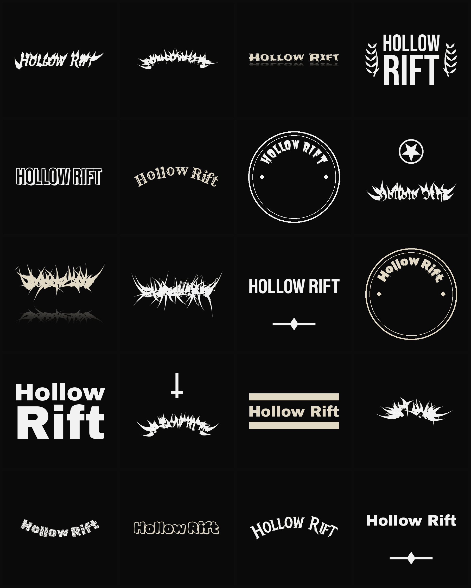 Twenty Hollow Rift band logo ideas — different faces, treatments and spike settings