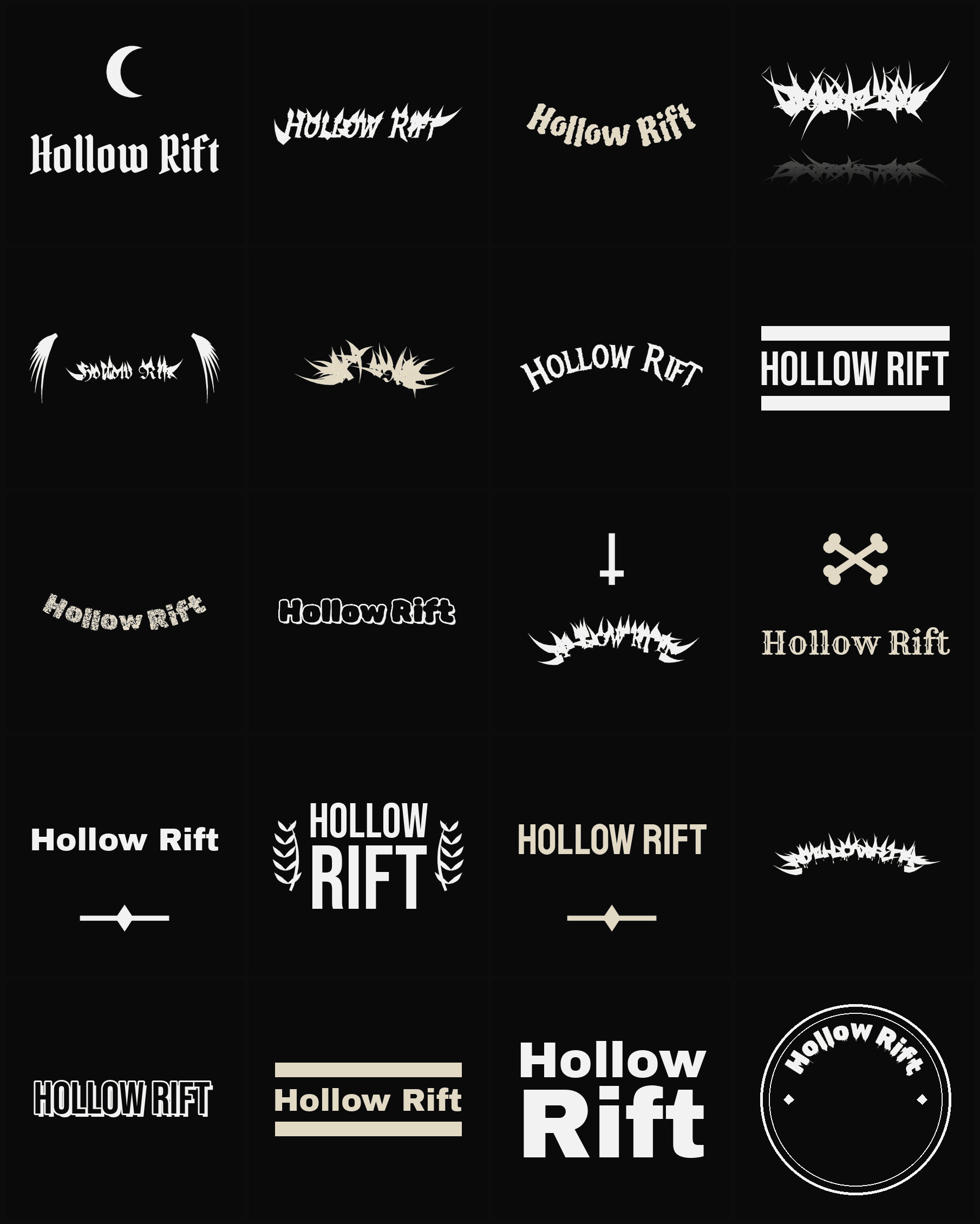 Twenty Hollow Rift band logo ideas — different faces, treatments and spike settings