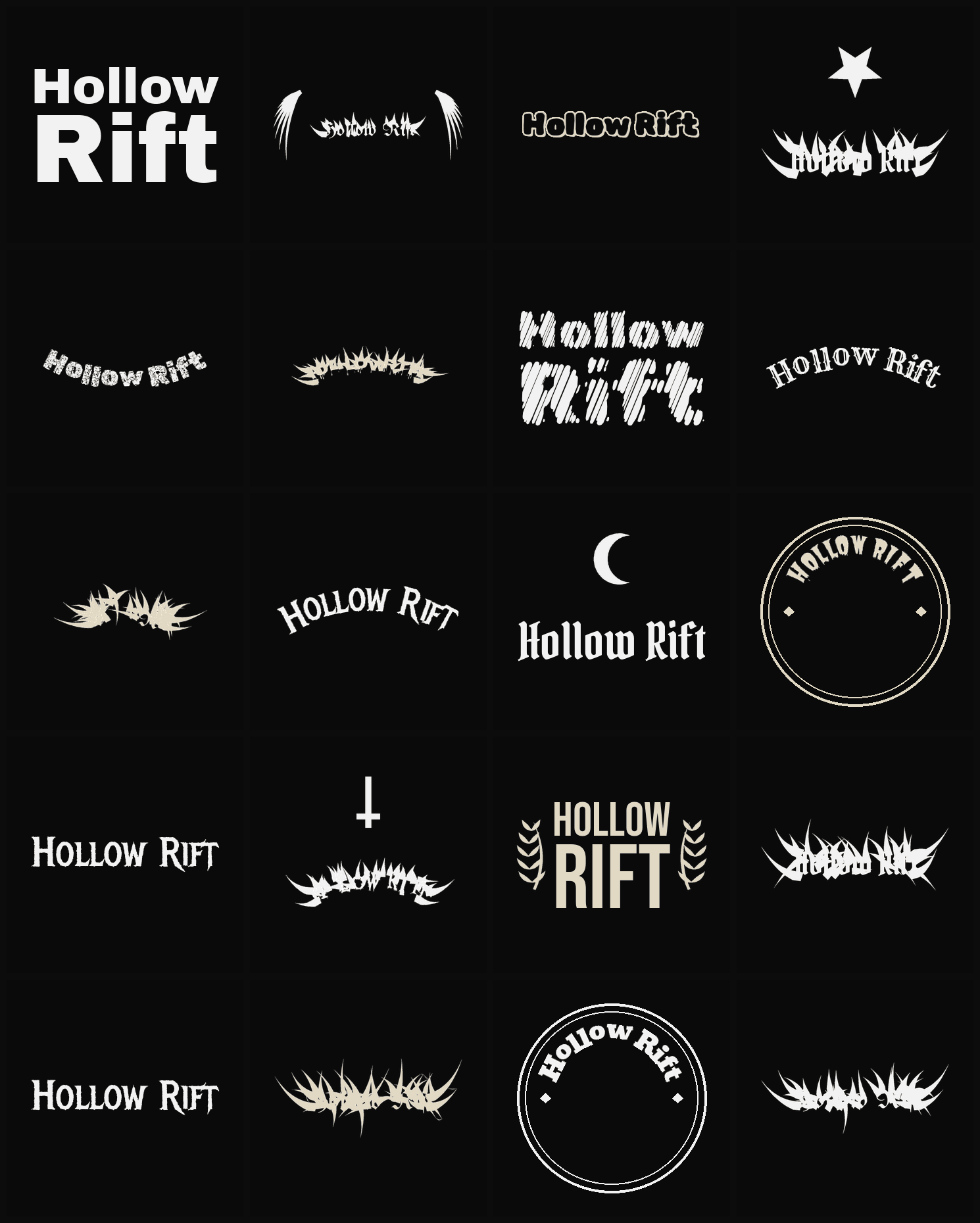 Twenty Hollow Rift band logo ideas — different faces, treatments and spike settings