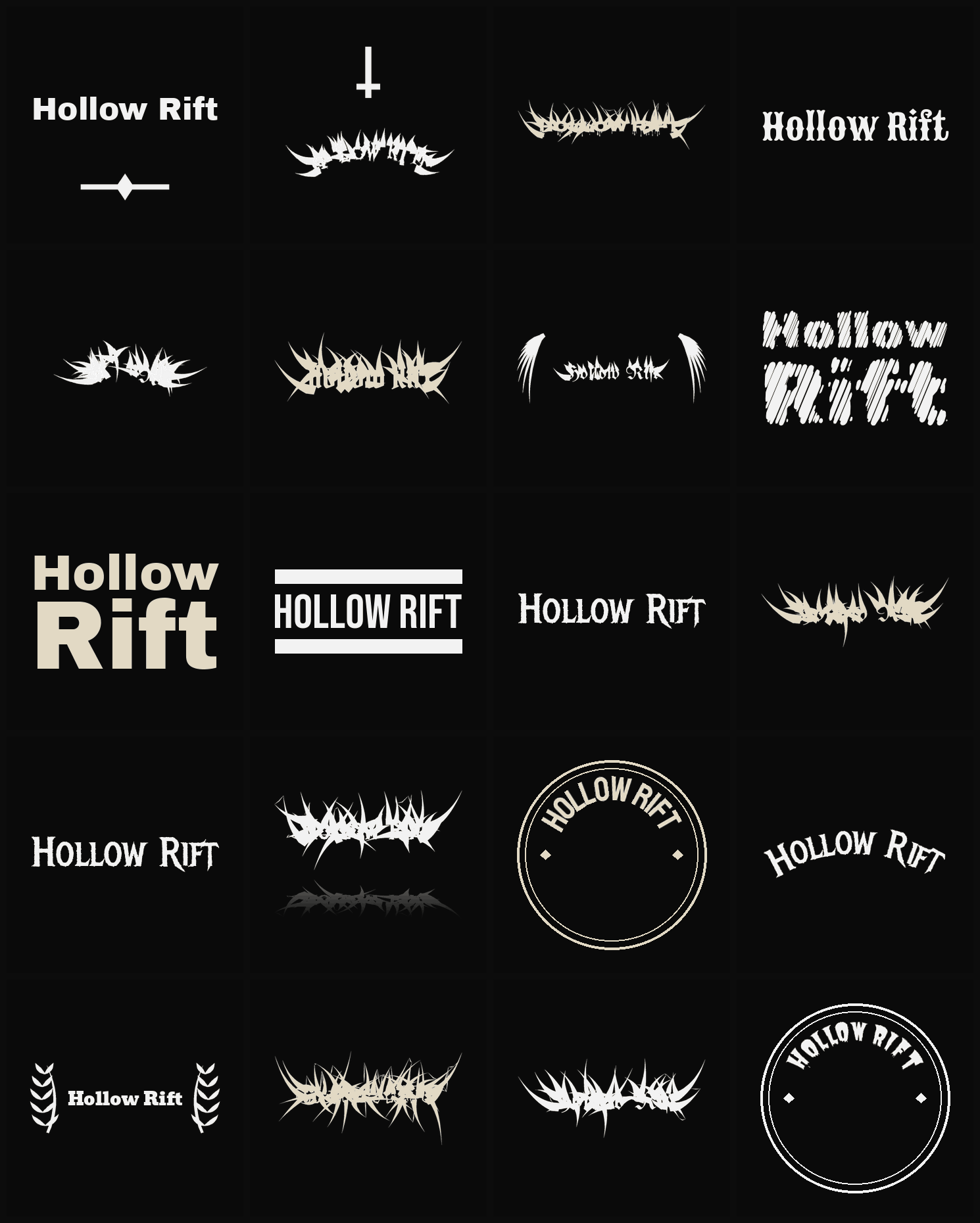 Twenty Hollow Rift band logo ideas — different faces, treatments and spike settings