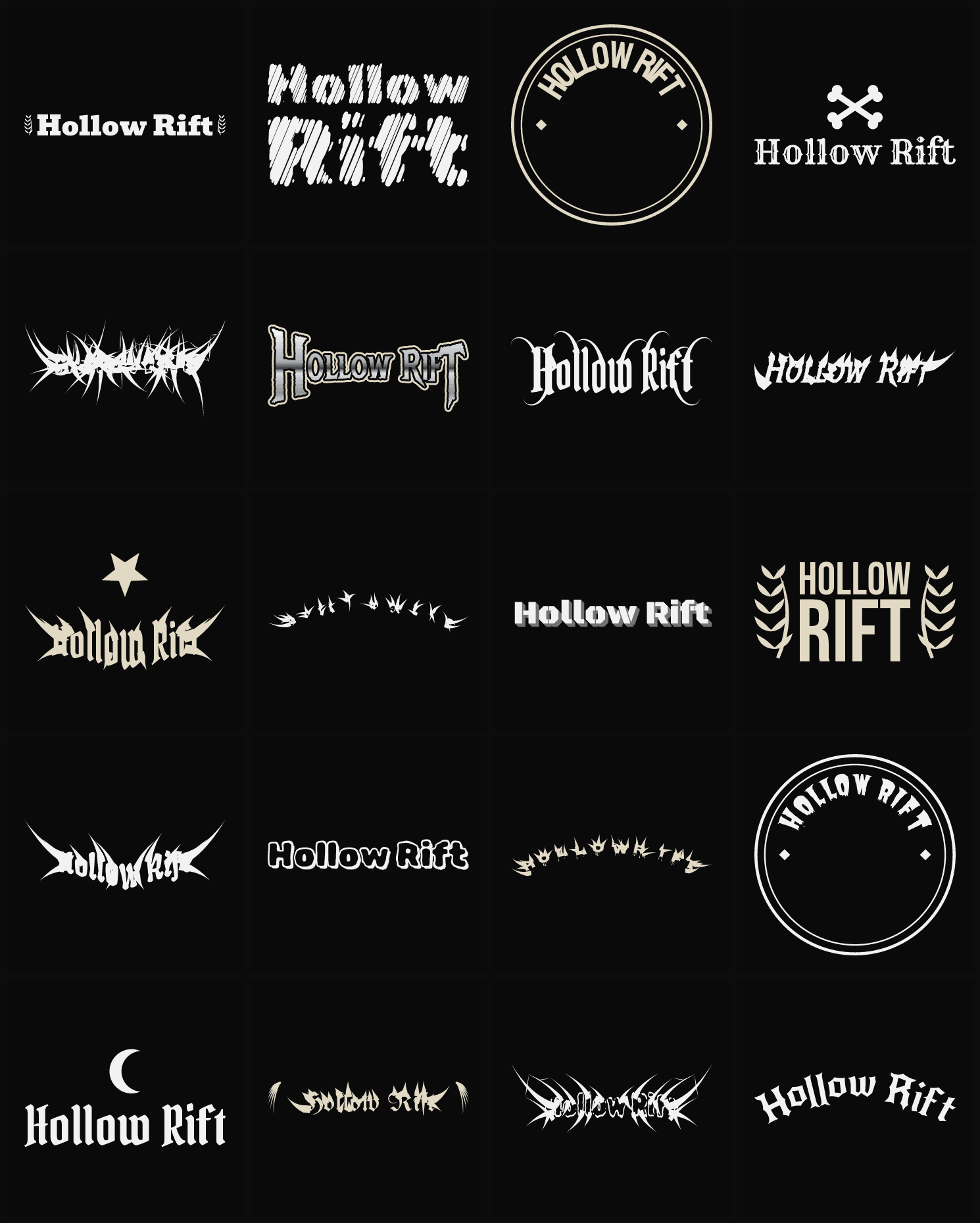Twenty Hollow Rift band logo ideas — different faces, treatments and spike settings