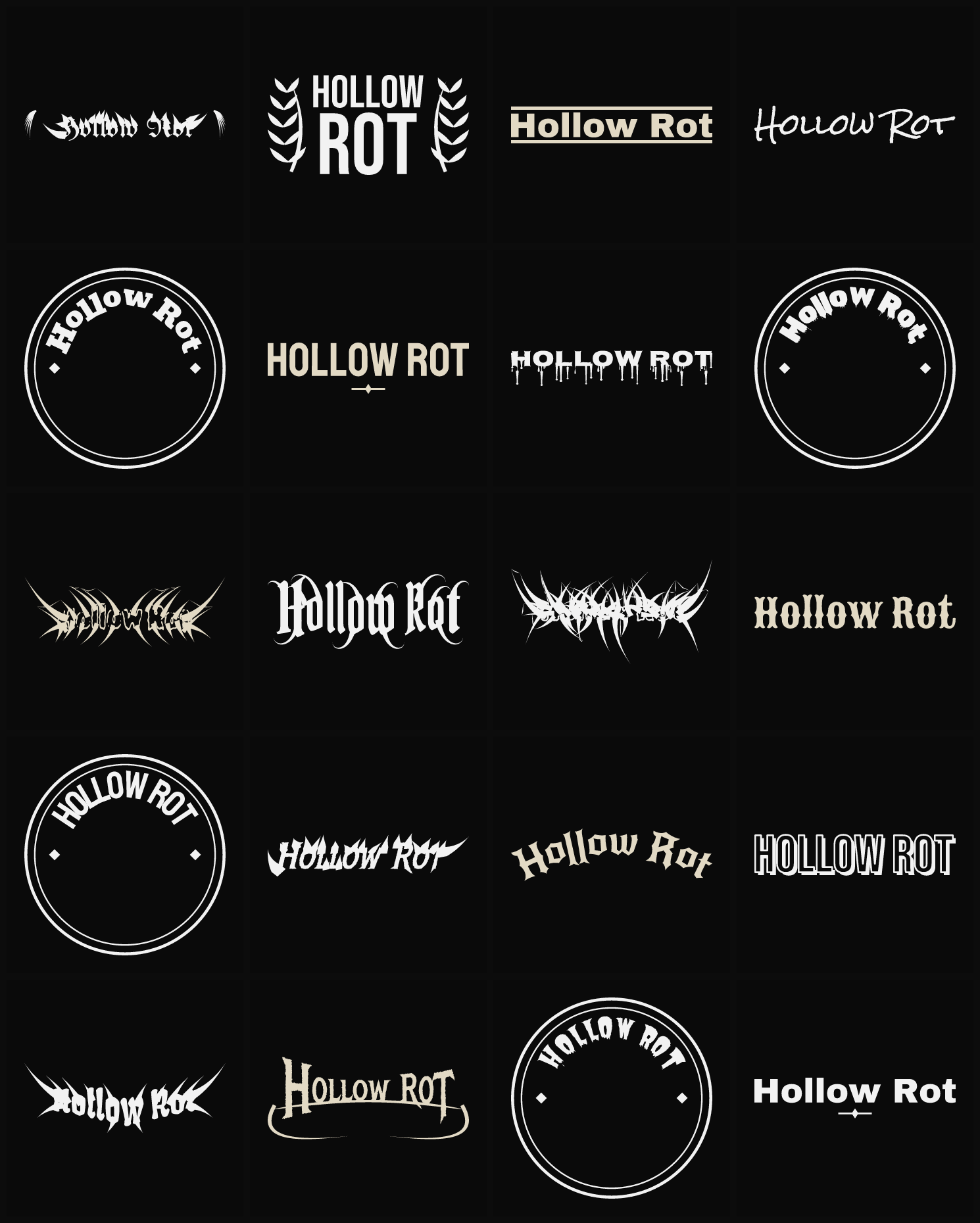 Twenty Hollow Rot band logo ideas — different faces, treatments and spike settings