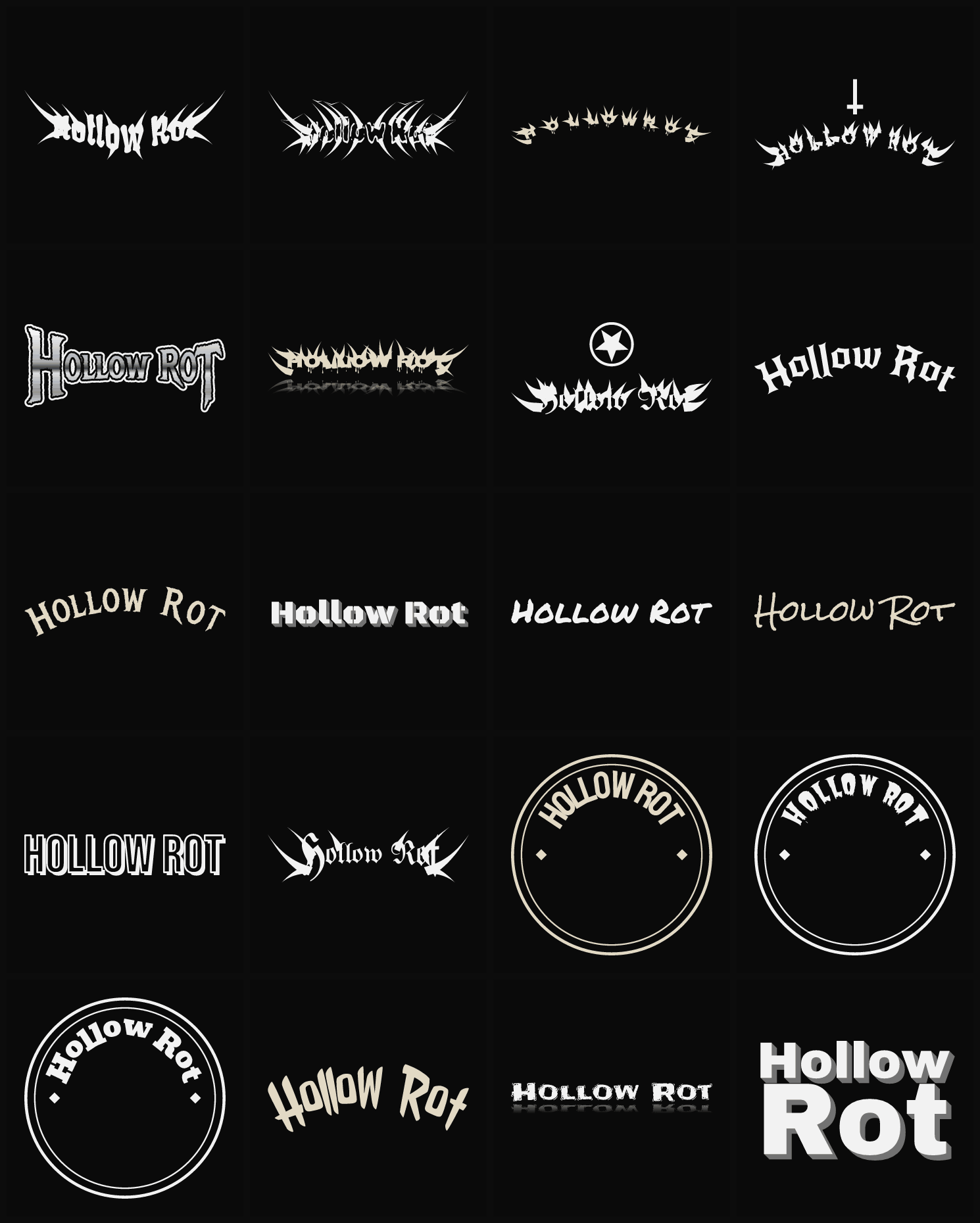 Twenty Hollow Rot band logo ideas — different faces, treatments and spike settings