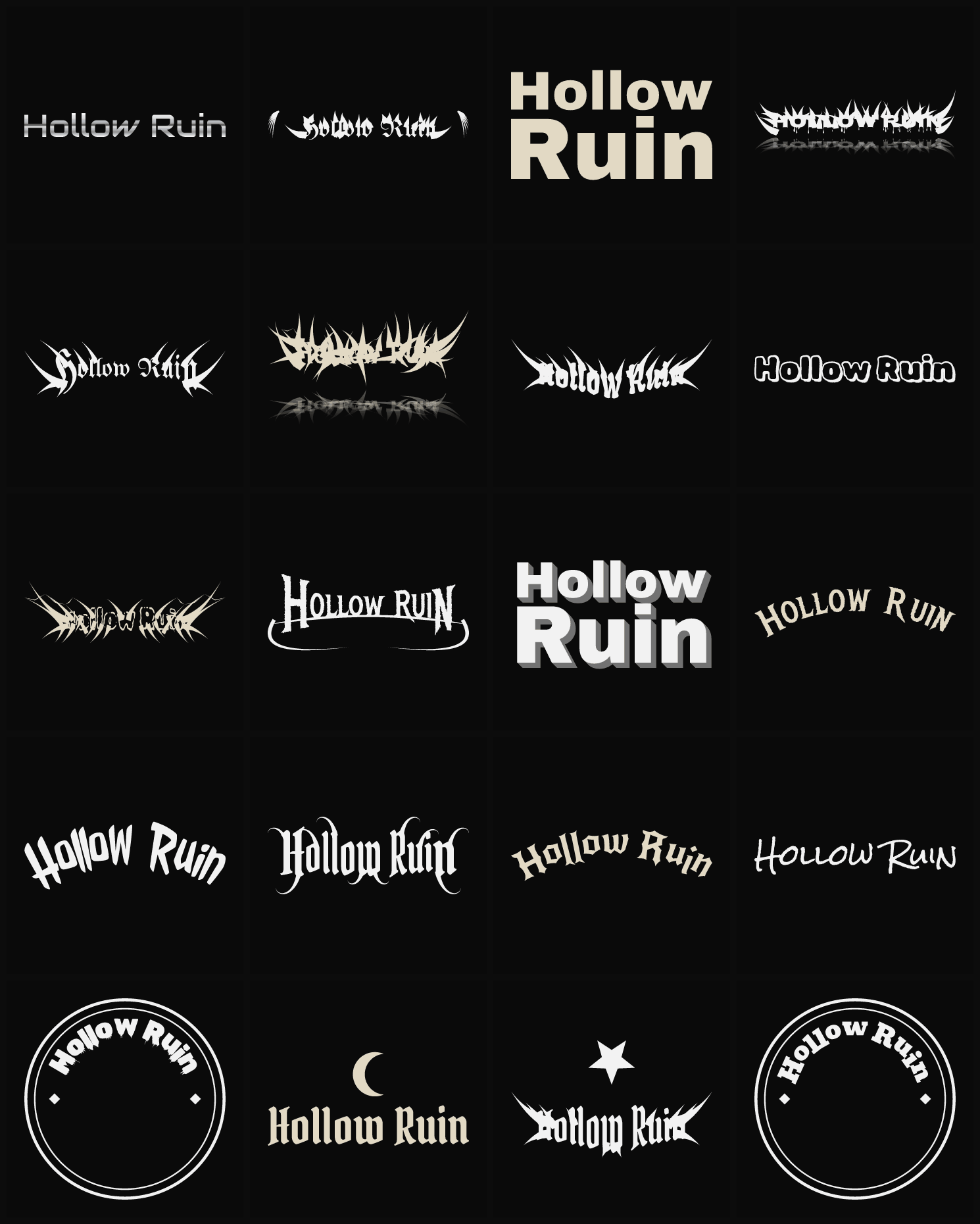 Twenty Hollow Ruin band logo ideas — different faces, treatments and spike settings