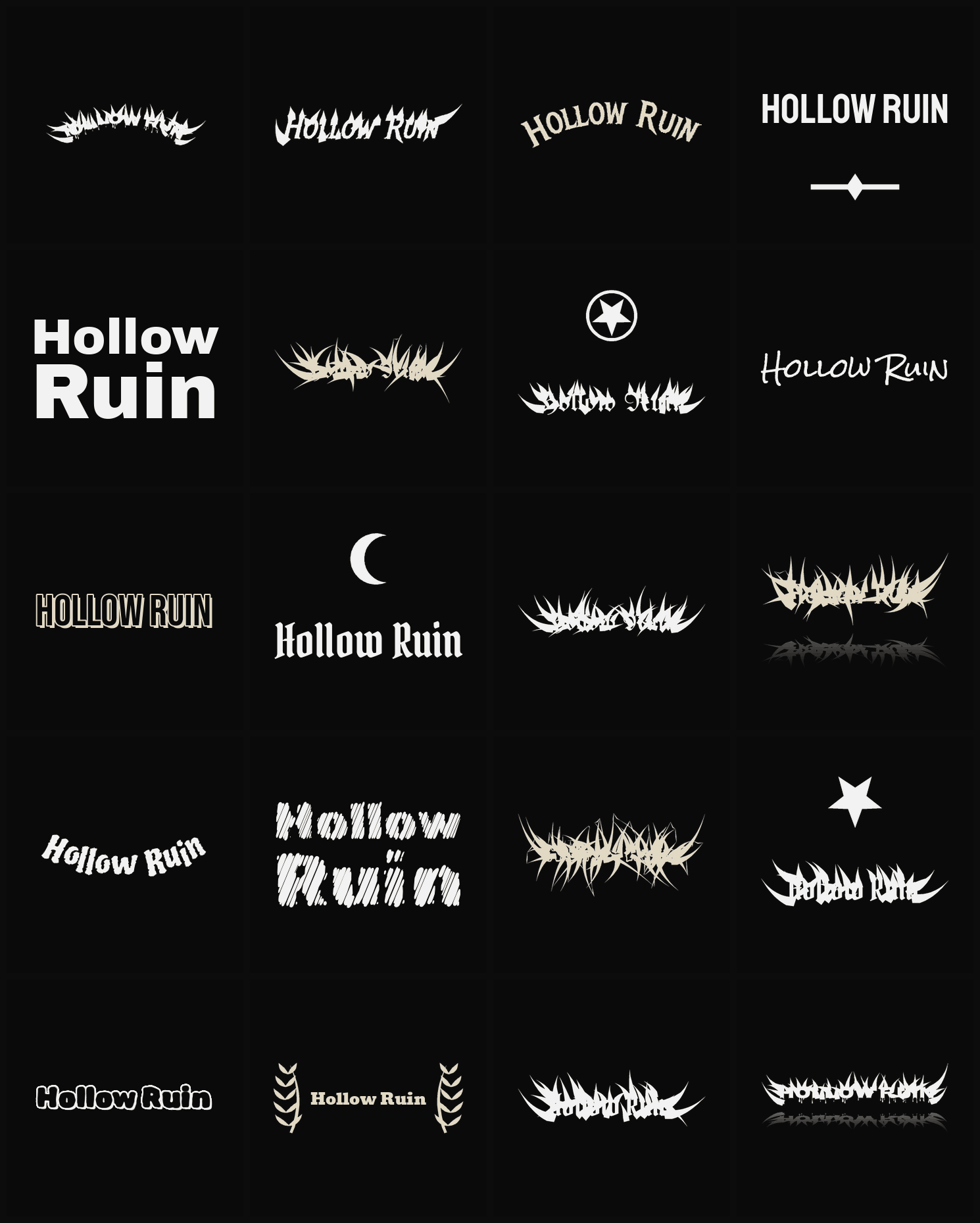 Twenty Hollow Ruin band logo ideas — different faces, treatments and spike settings