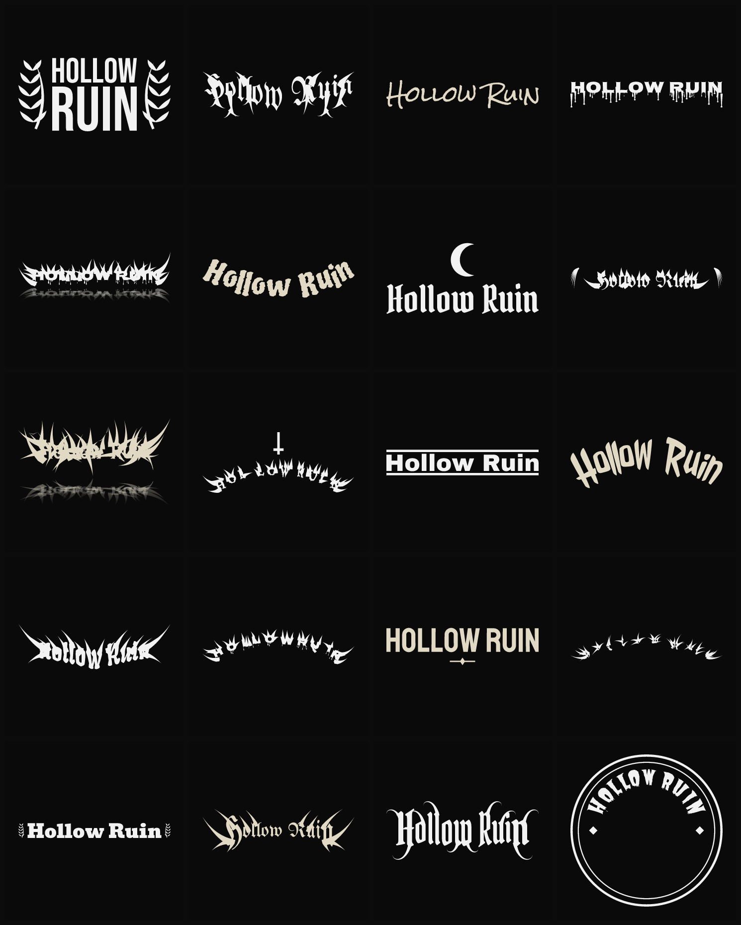 Twenty Hollow Ruin band logo ideas — different faces, treatments and spike settings