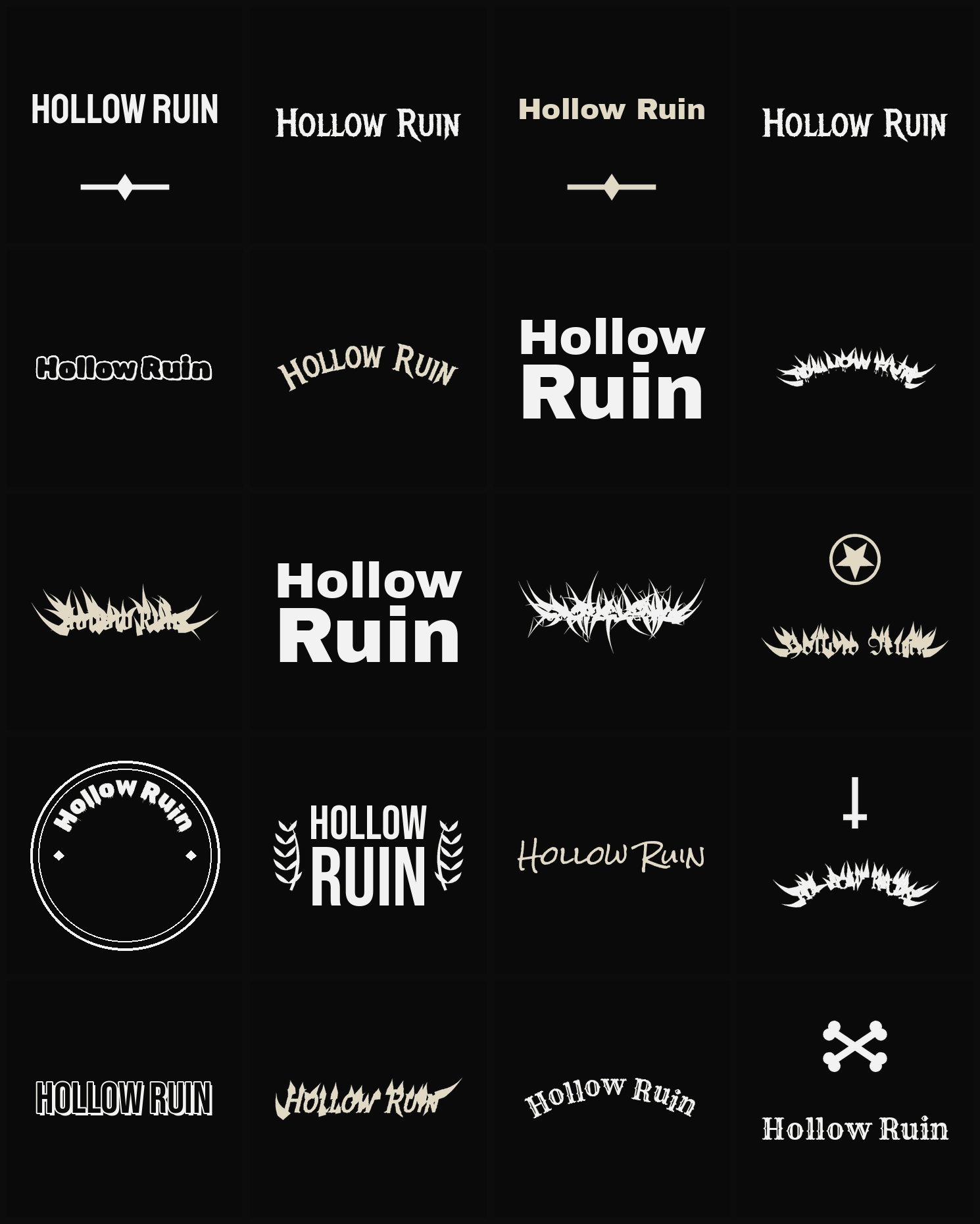 Twenty Hollow Ruin band logo ideas — different faces, treatments and spike settings