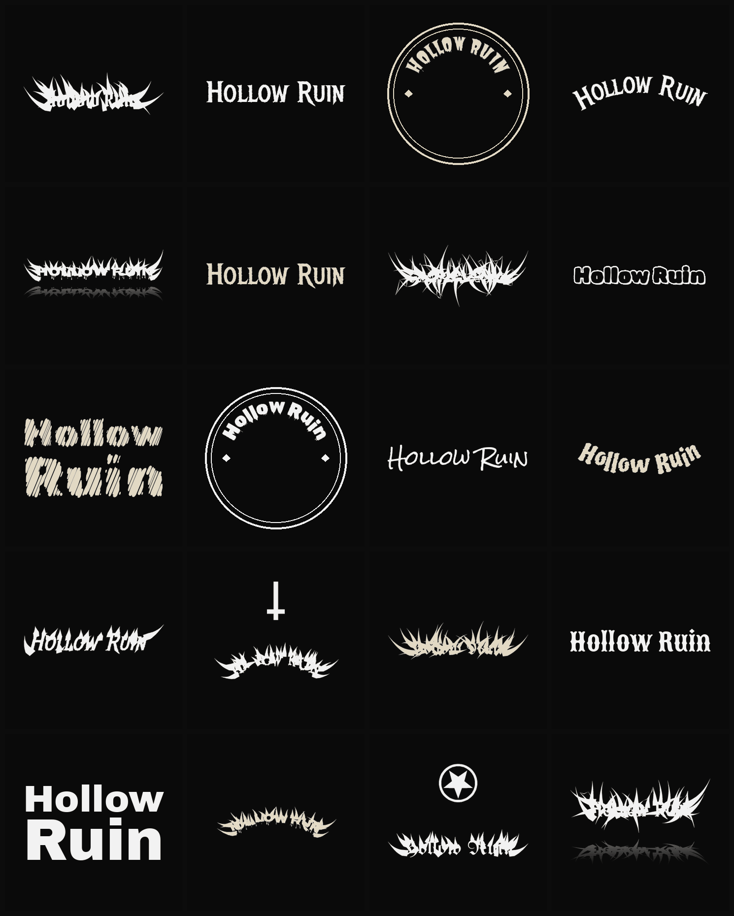 Twenty Hollow Ruin band logo ideas — different faces, treatments and spike settings