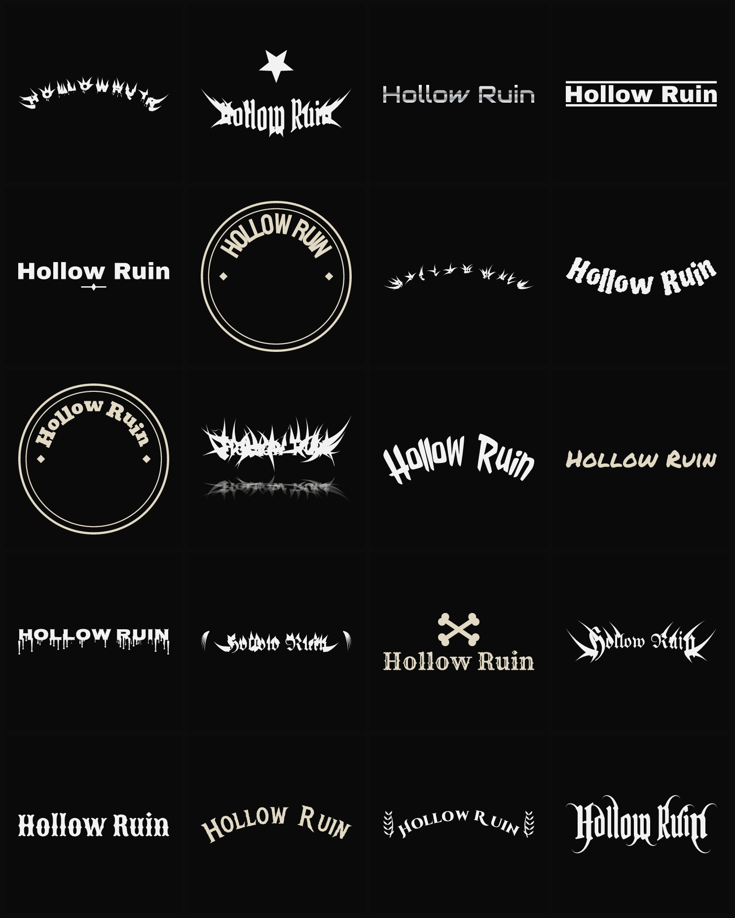 Twenty Hollow Ruin band logo ideas — different faces, treatments and spike settings