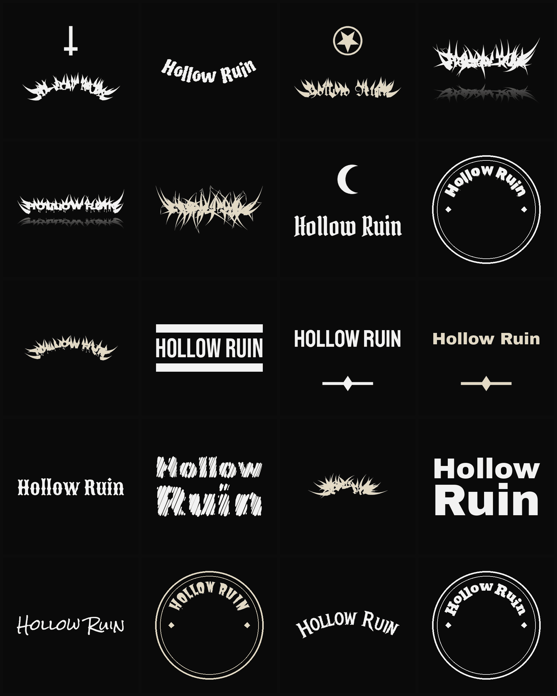 Twenty Hollow Ruin band logo ideas — different faces, treatments and spike settings