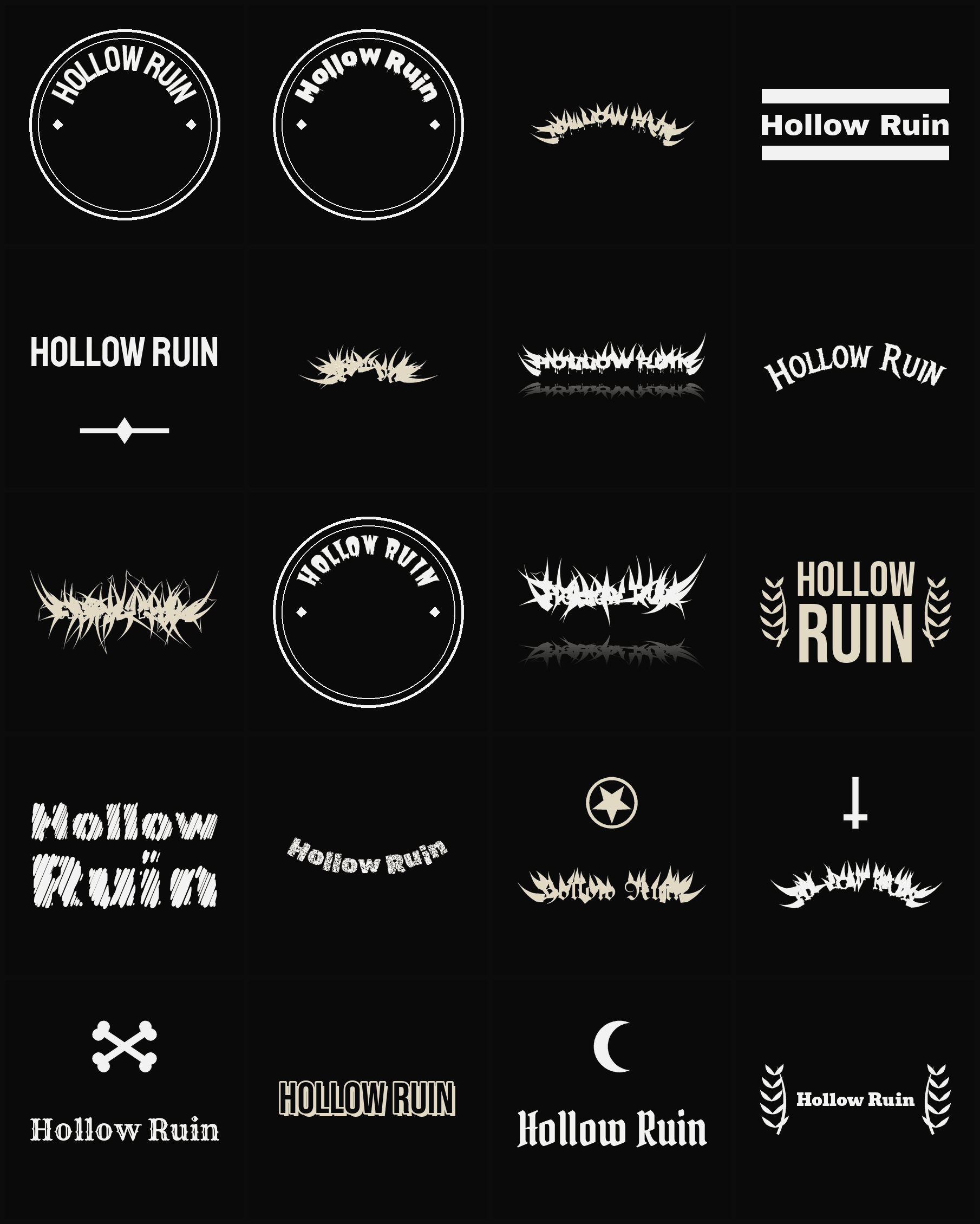 Twenty Hollow Ruin band logo ideas — different faces, treatments and spike settings