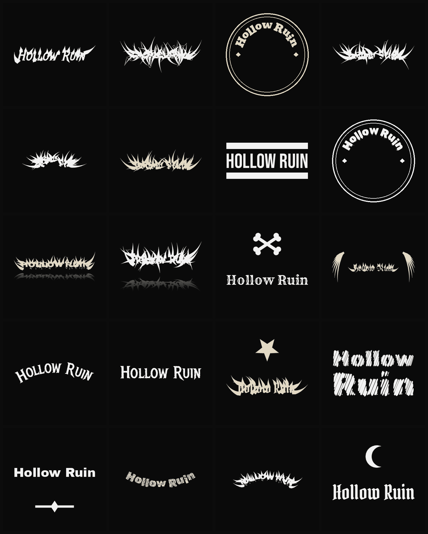 Twenty Hollow Ruin band logo ideas — different faces, treatments and spike settings