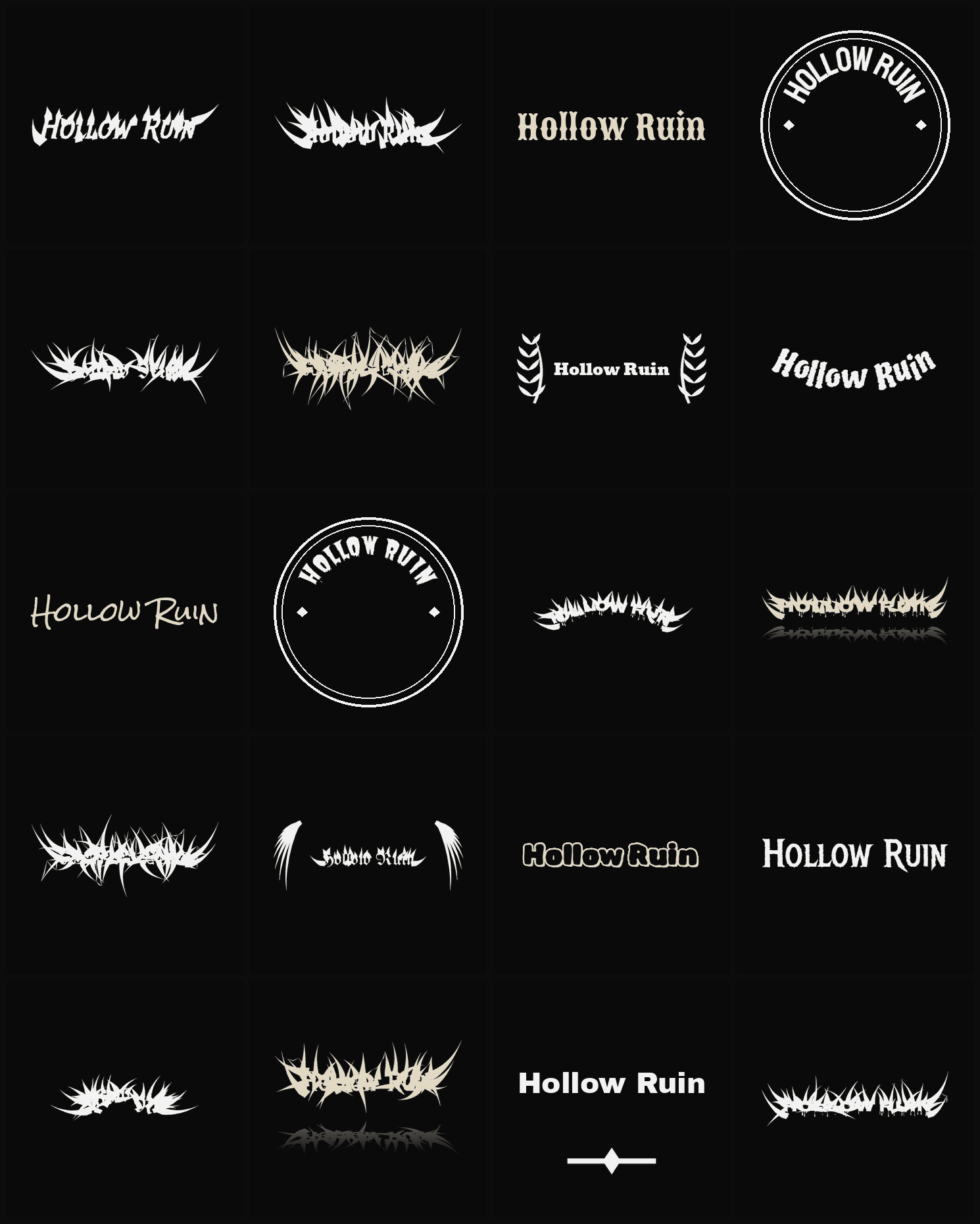 Twenty Hollow Ruin band logo ideas — different faces, treatments and spike settings