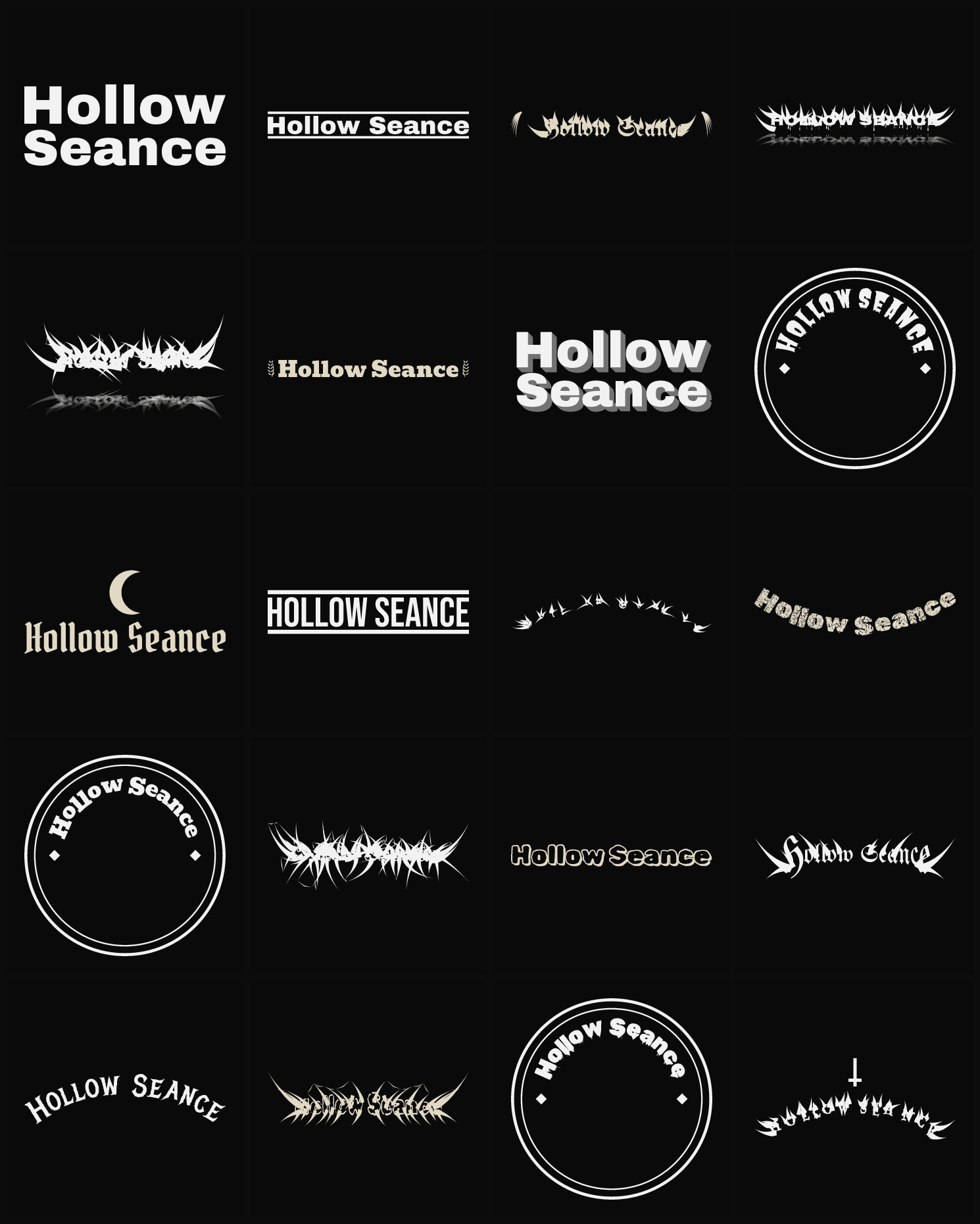 Twenty Hollow Seance band logo ideas — different faces, treatments and spike settings