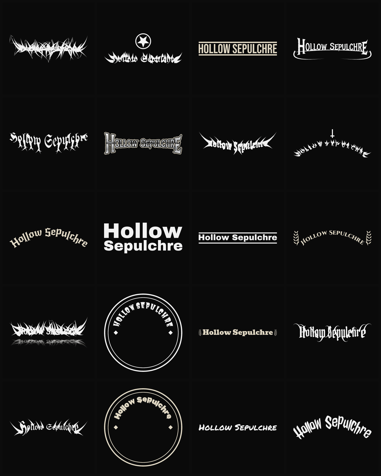 Twenty Hollow Sepulchre band logo ideas — different faces, treatments and spike settings