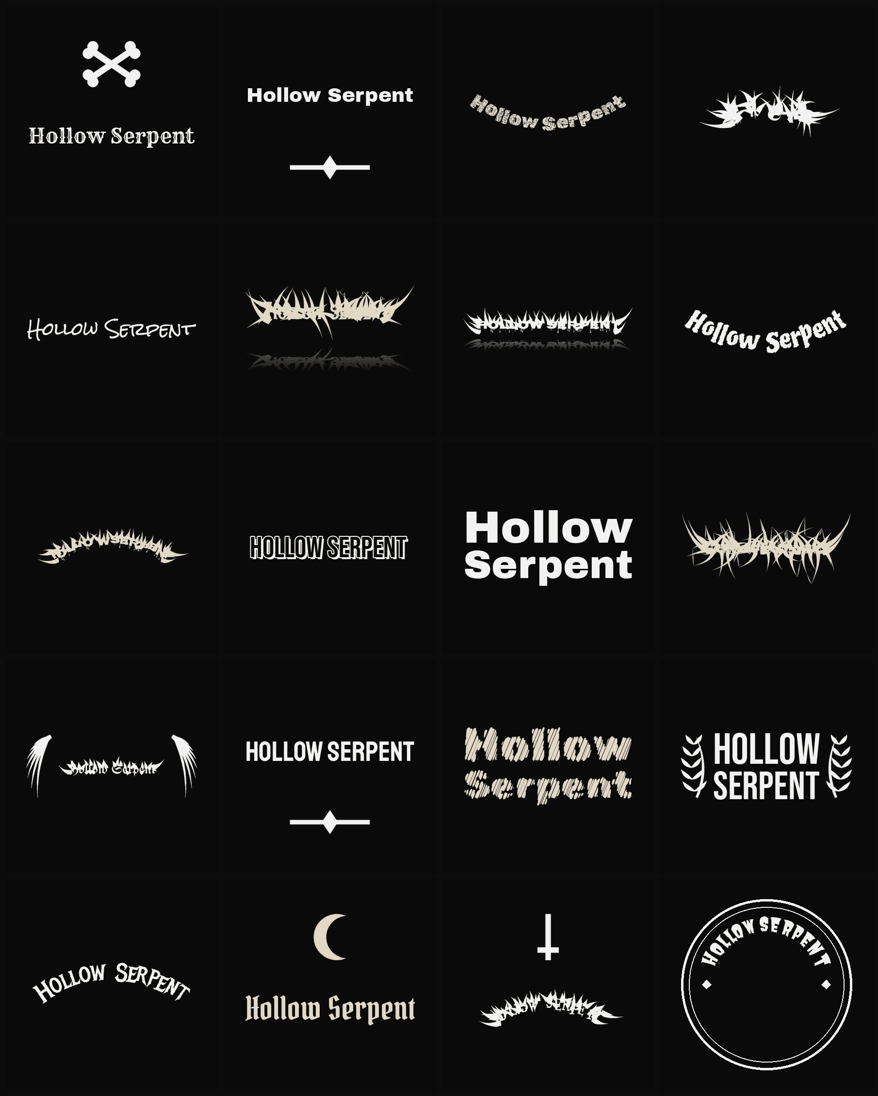 Twenty Hollow Serpent band logo ideas — different faces, treatments and spike settings