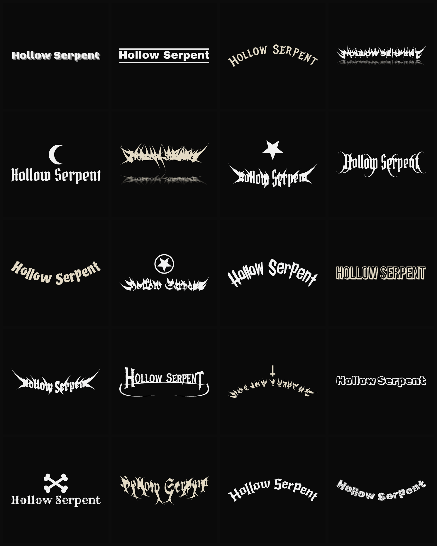 Twenty Hollow Serpent band logo ideas — different faces, treatments and spike settings