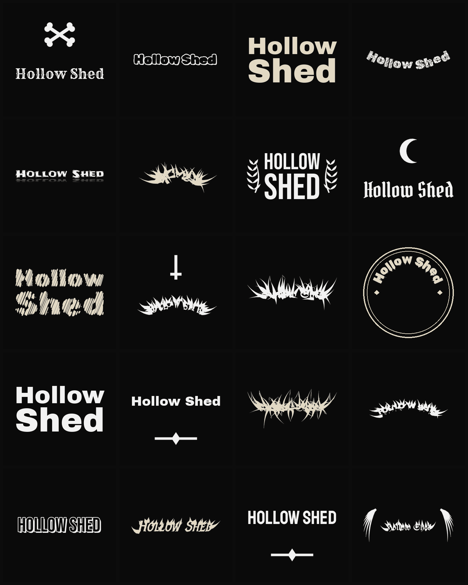 Twenty Hollow Shed band logo ideas — different faces, treatments and spike settings