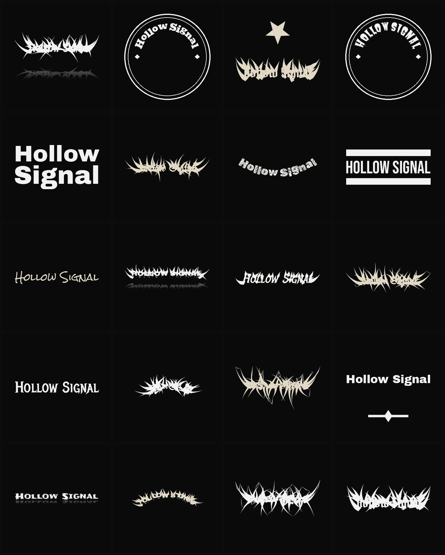 Twenty Hollow Signal band logo ideas — different faces, treatments and spike settings