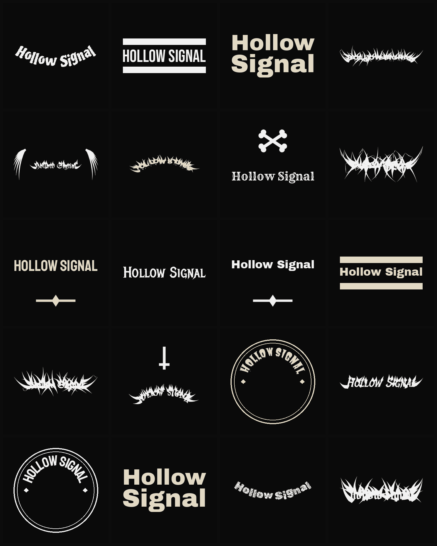 Twenty Hollow Signal band logo ideas — different faces, treatments and spike settings