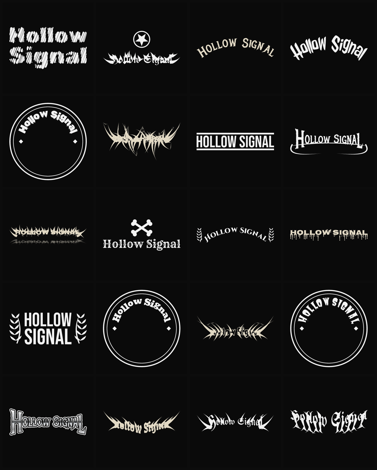 Twenty Hollow Signal band logo ideas — different faces, treatments and spike settings