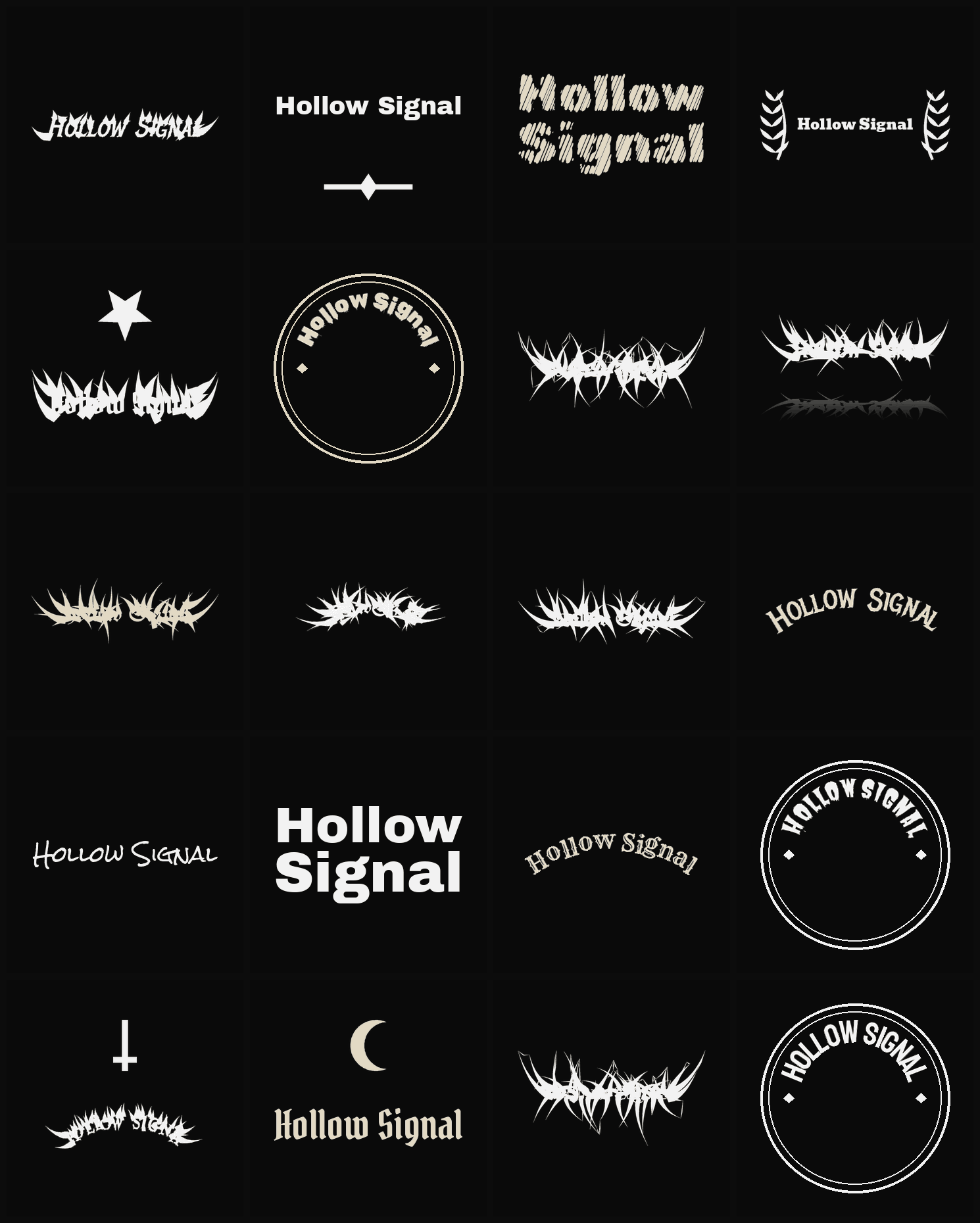 Twenty Hollow Signal band logo ideas — different faces, treatments and spike settings