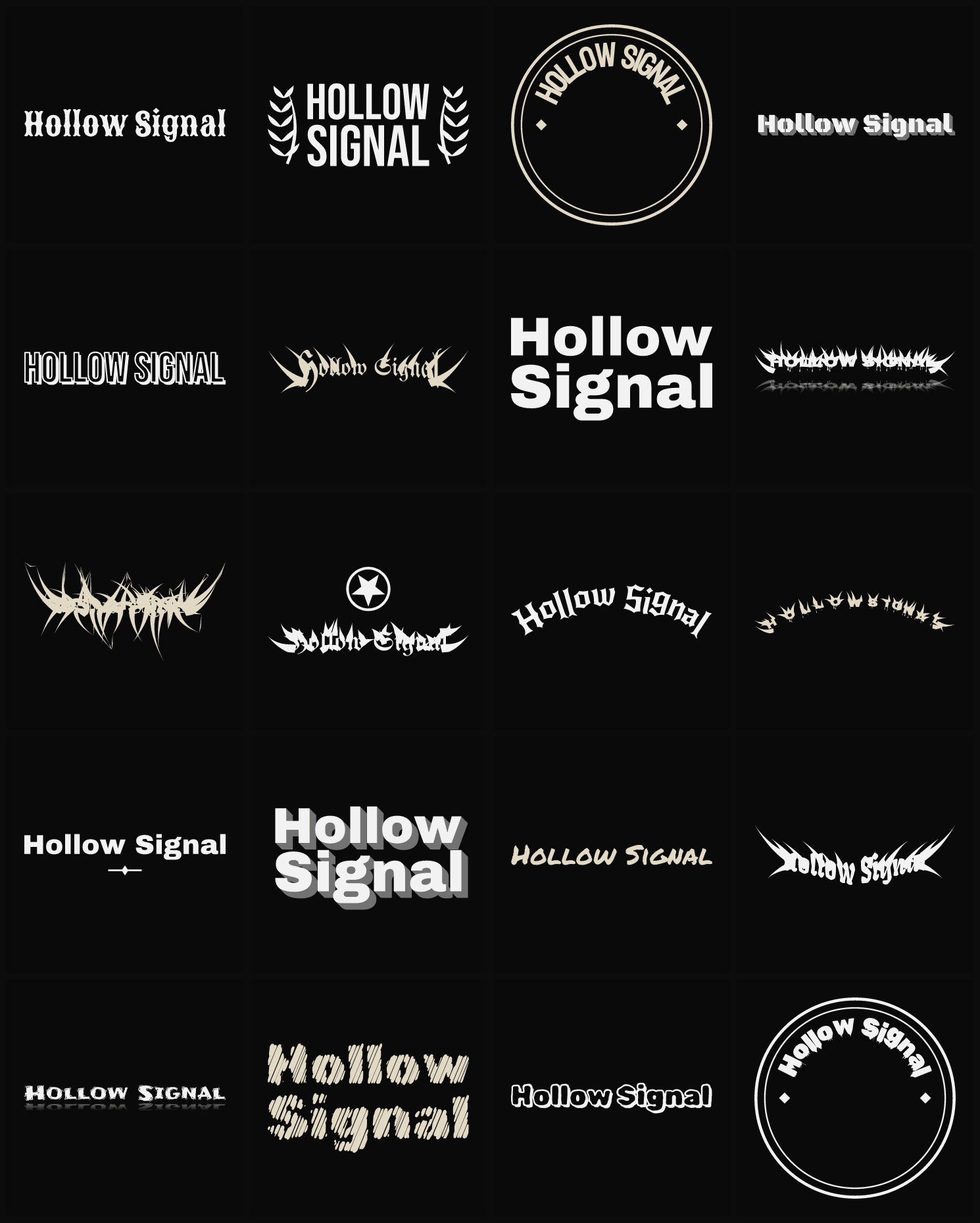 Twenty Hollow Signal band logo ideas — different faces, treatments and spike settings