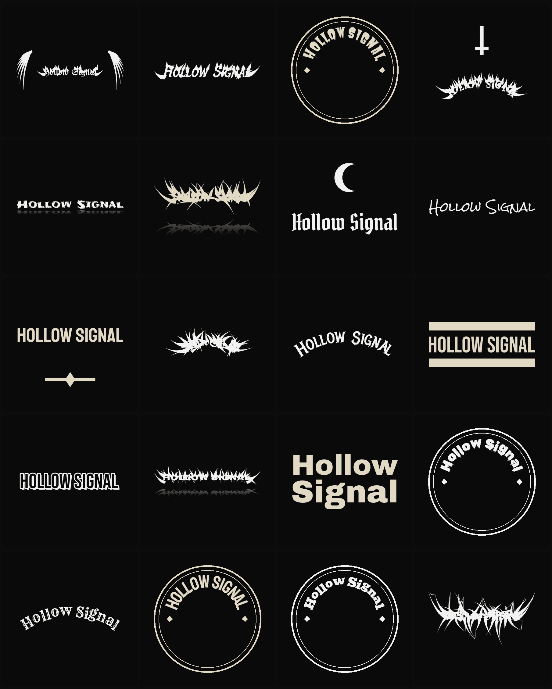 Twenty Hollow Signal band logo ideas — different faces, treatments and spike settings