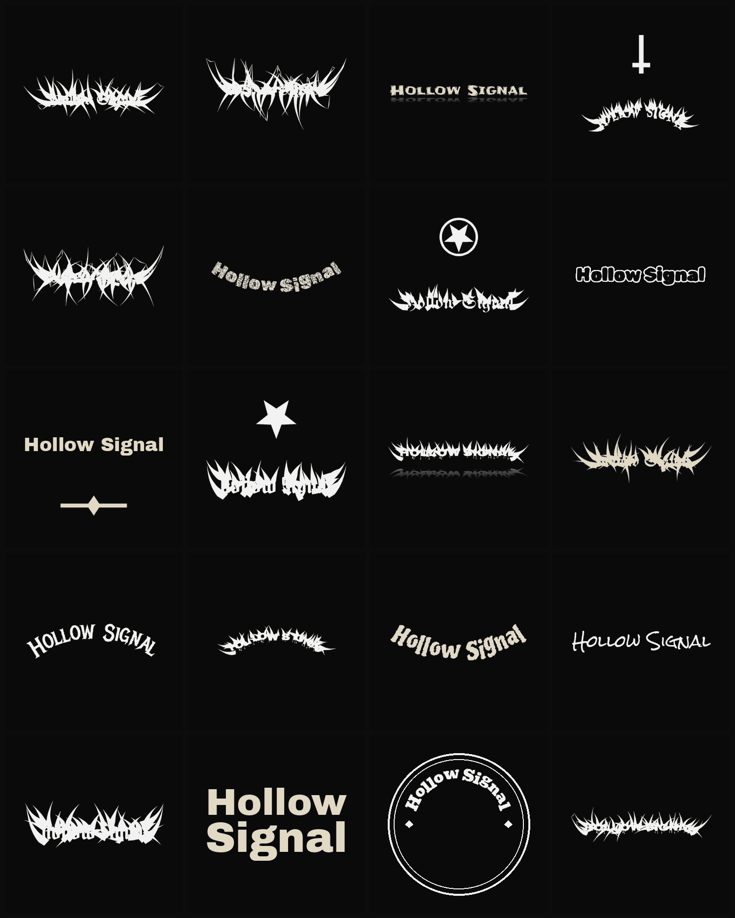 Twenty Hollow Signal band logo ideas — different faces, treatments and spike settings