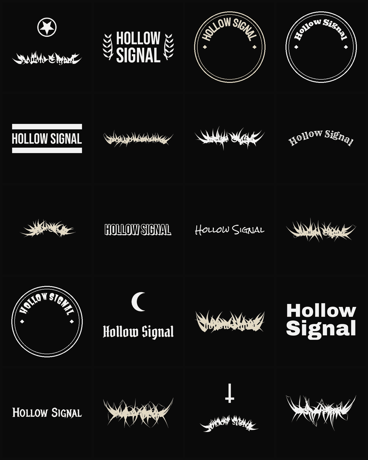 Twenty Hollow Signal band logo ideas — different faces, treatments and spike settings