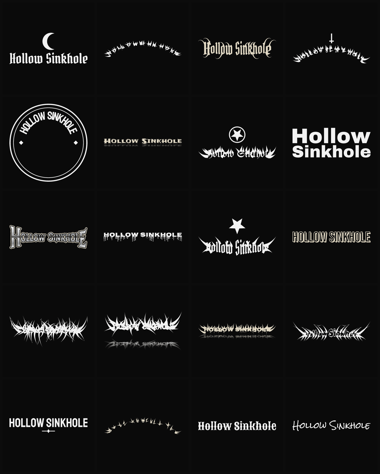 Twenty Hollow Sinkhole band logo ideas — different faces, treatments and spike settings