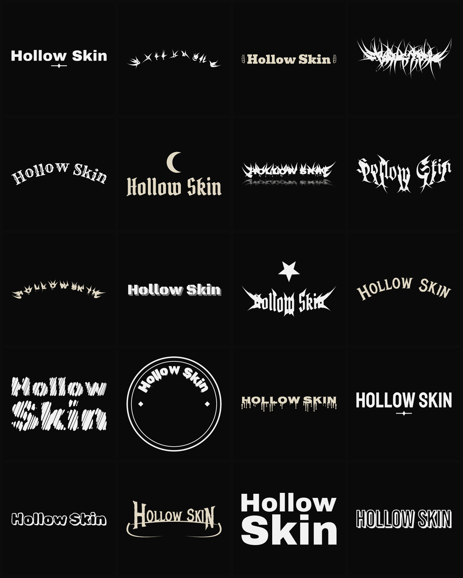 Twenty Hollow Skin band logo ideas — different faces, treatments and spike settings