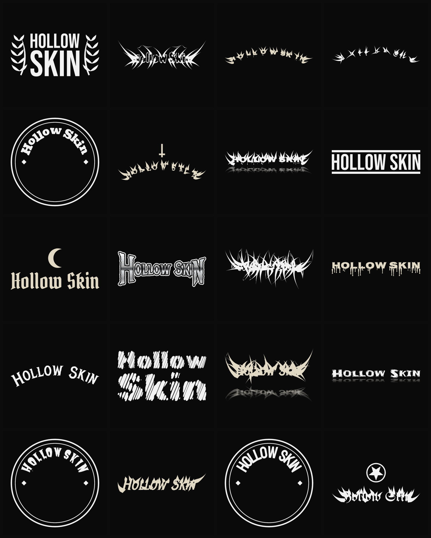 Twenty Hollow Skin band logo ideas — different faces, treatments and spike settings