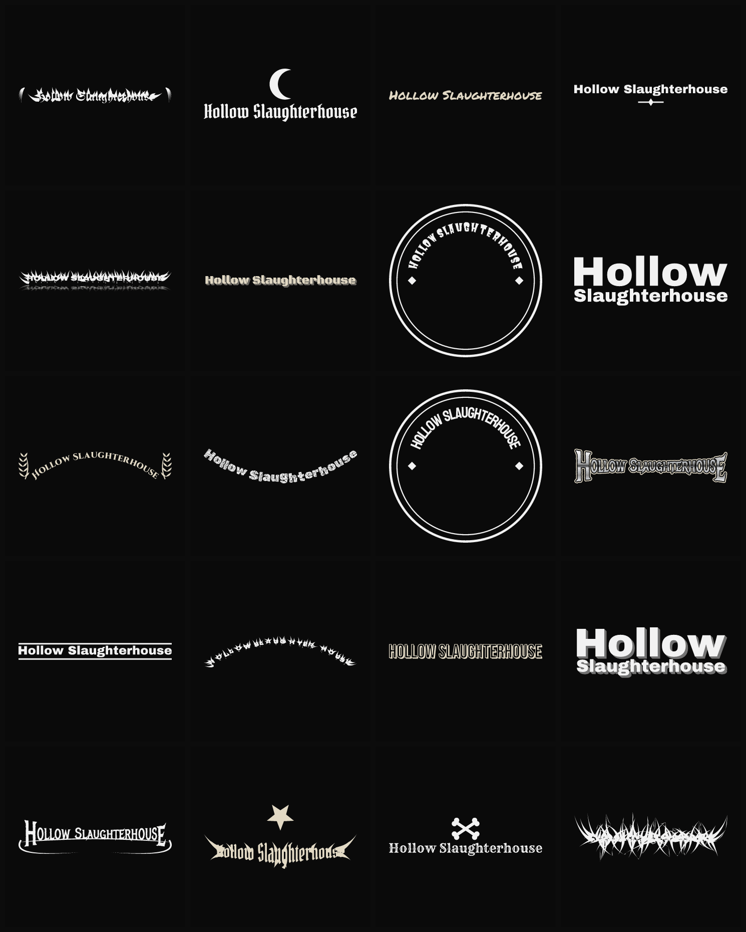 Twenty Hollow Slaughterhouse band logo ideas — different faces, treatments and spike settings