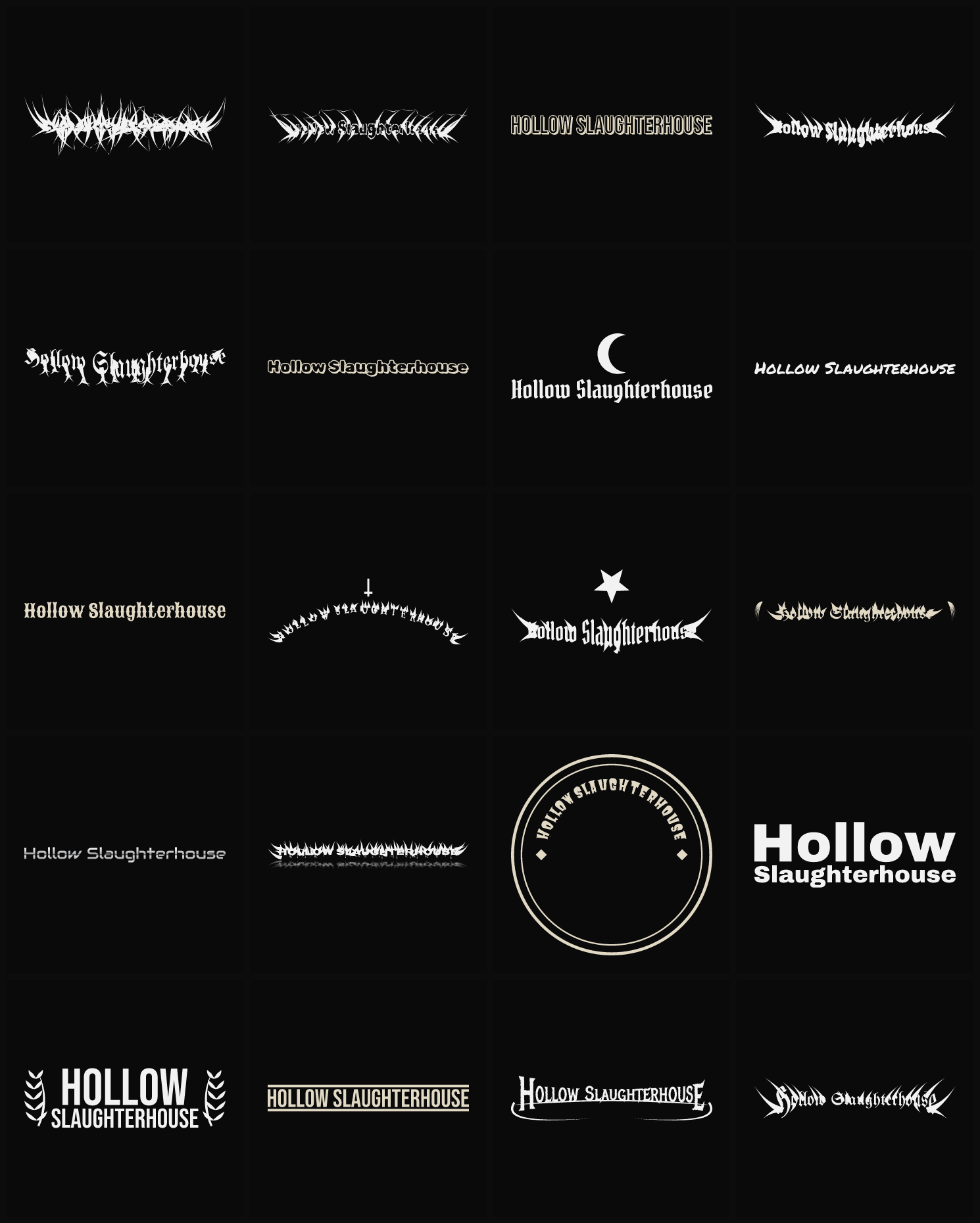 Twenty Hollow Slaughterhouse band logo ideas — different faces, treatments and spike settings