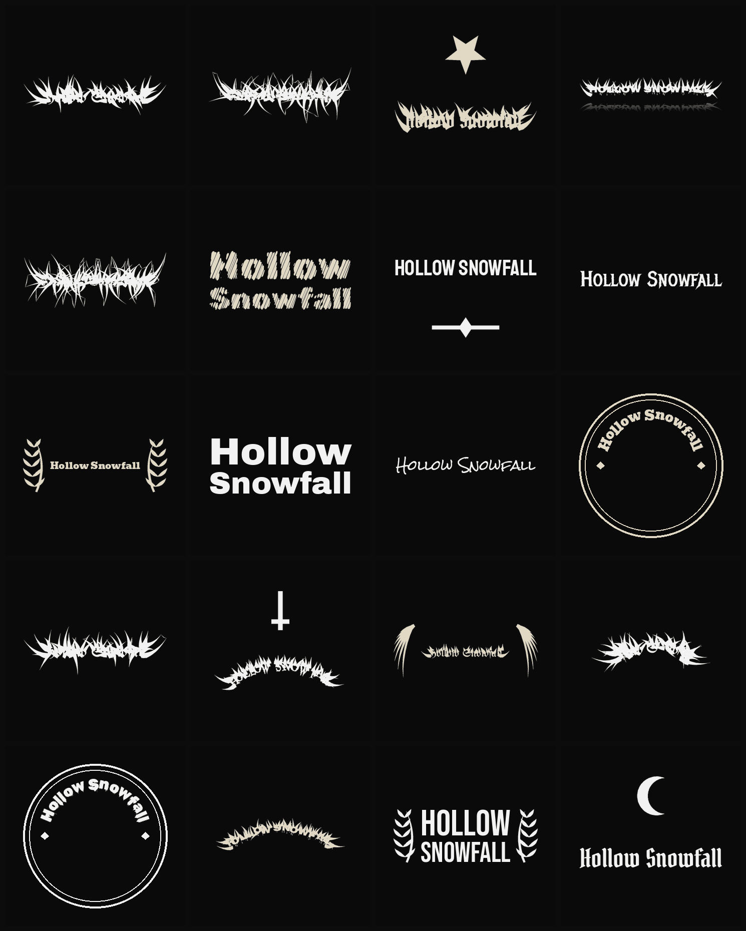 Twenty Hollow Snowfall band logo ideas — different faces, treatments and spike settings