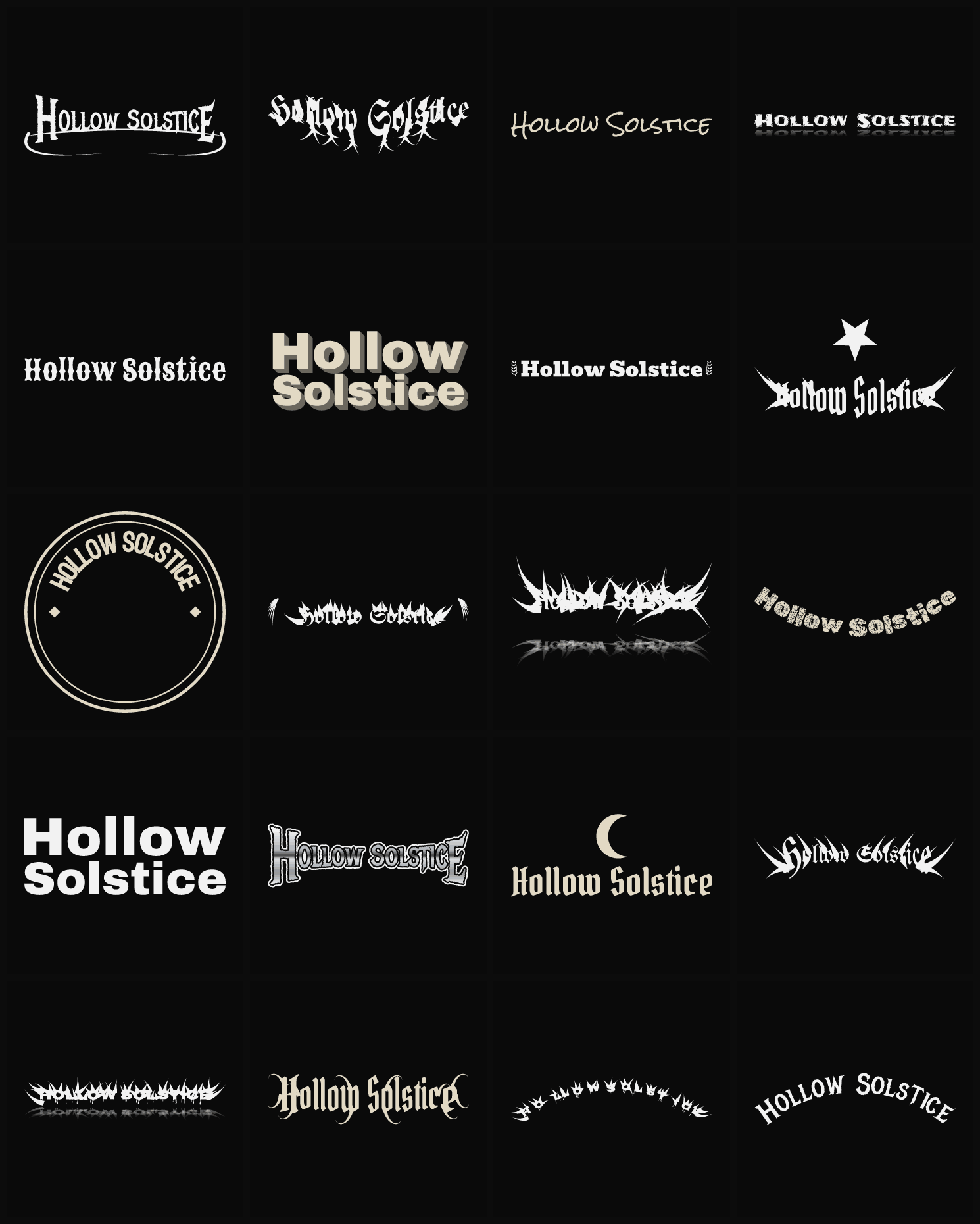 Twenty Hollow Solstice band logo ideas — different faces, treatments and spike settings