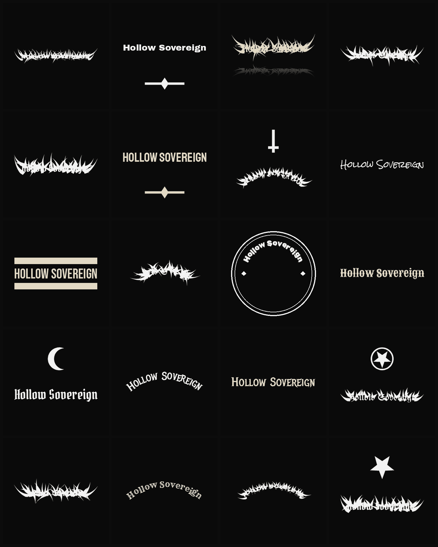Twenty Hollow Sovereign band logo ideas — different faces, treatments and spike settings