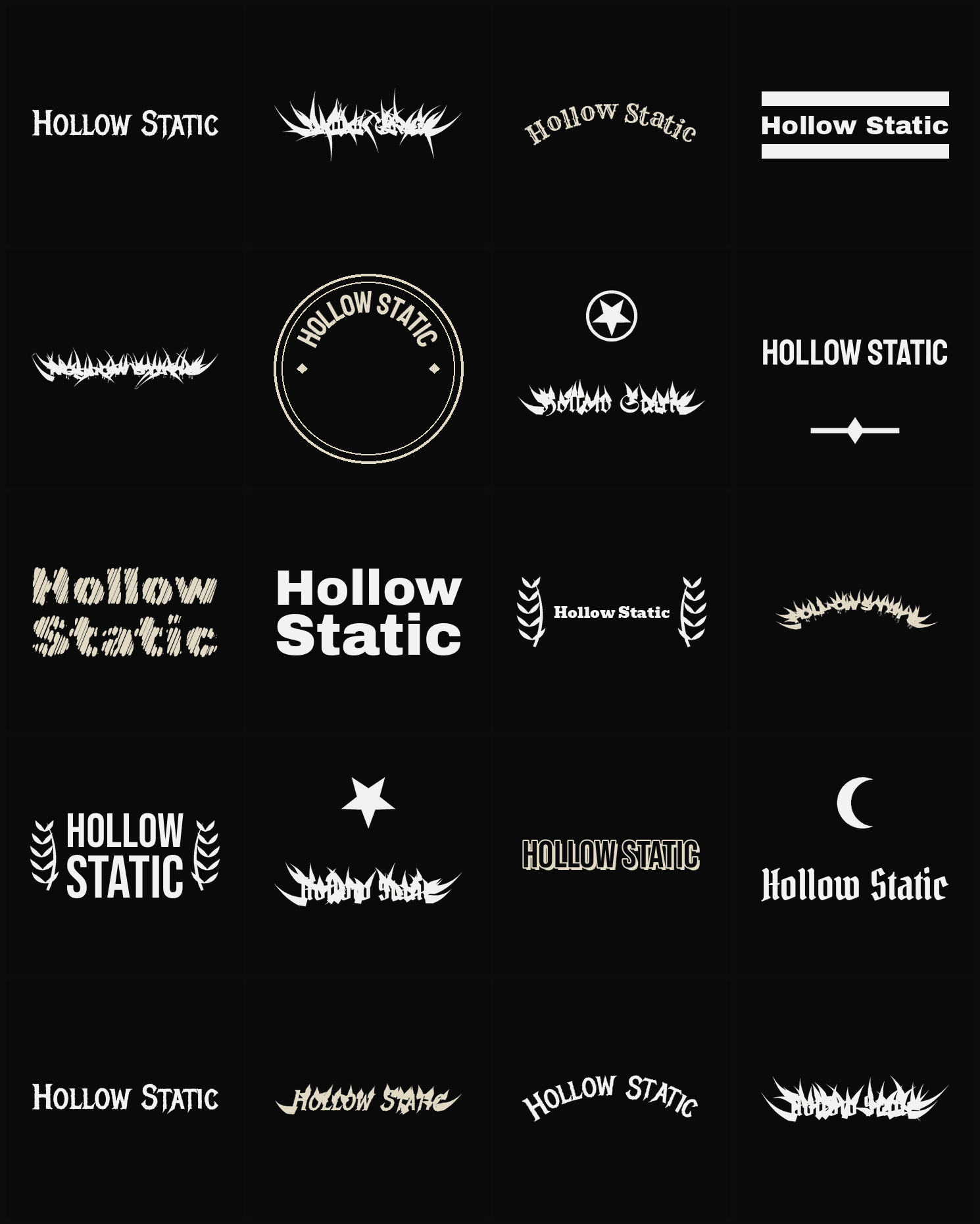 Twenty Hollow Static band logo ideas — different faces, treatments and spike settings