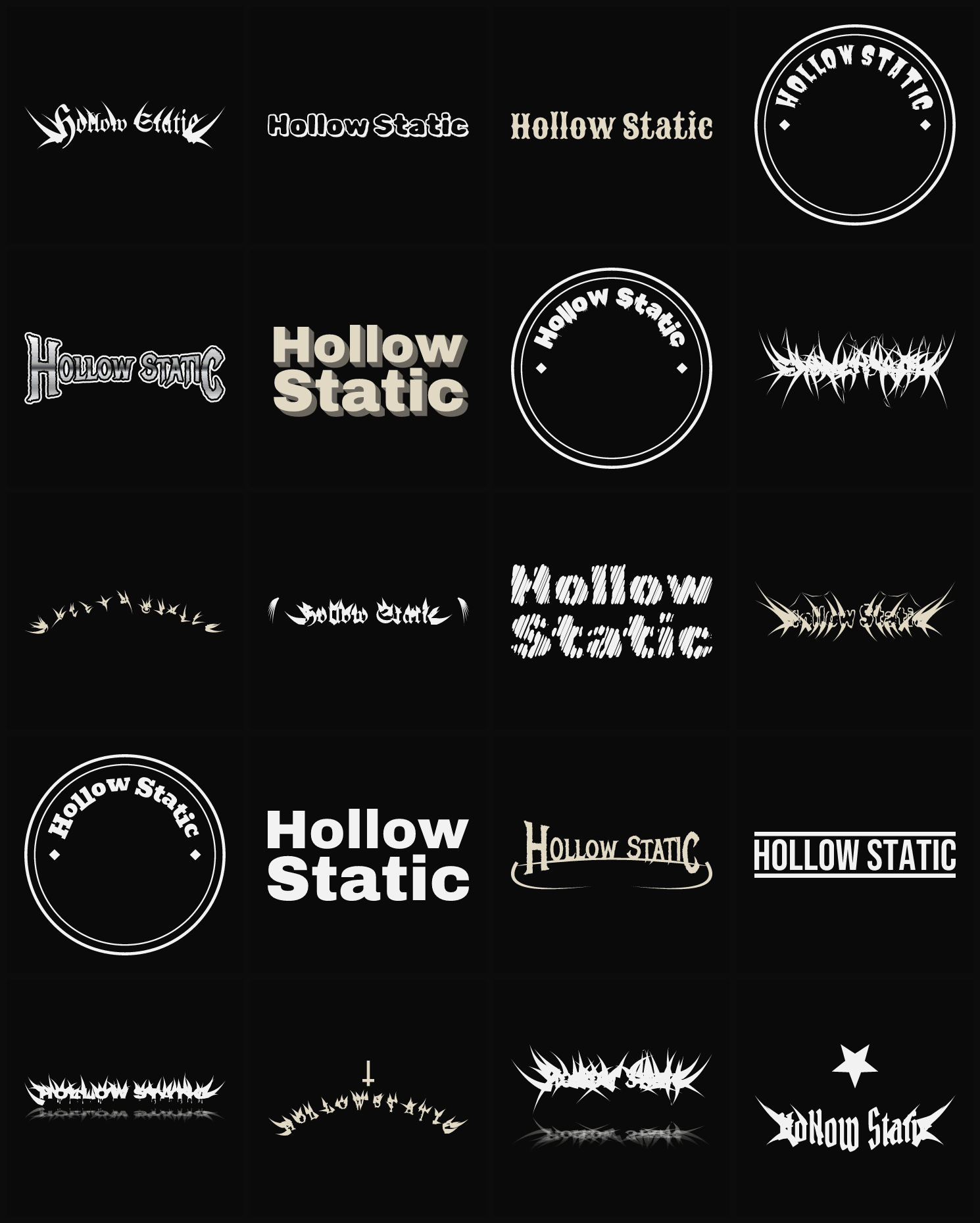 Twenty Hollow Static band logo ideas — different faces, treatments and spike settings