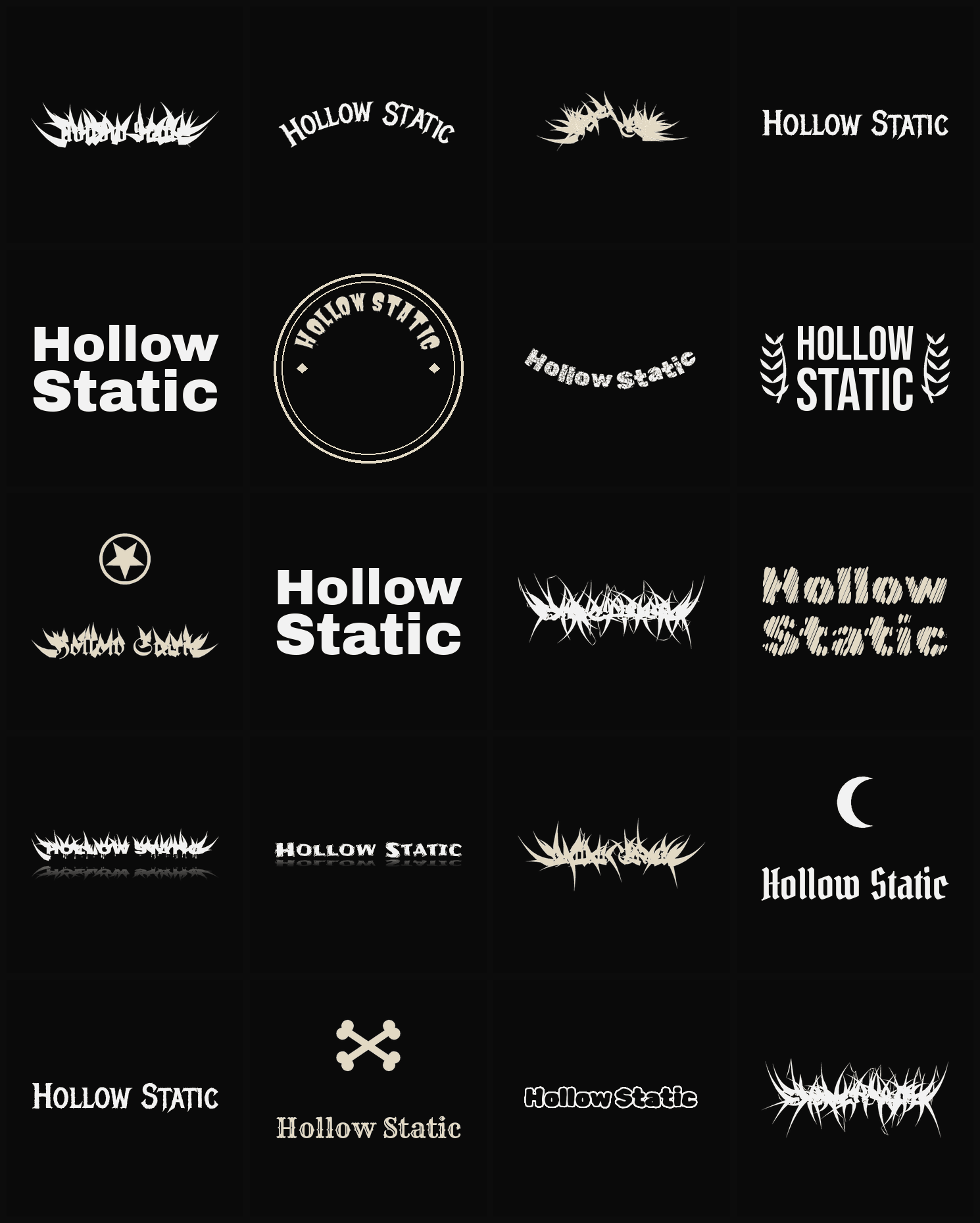 Twenty Hollow Static band logo ideas — different faces, treatments and spike settings