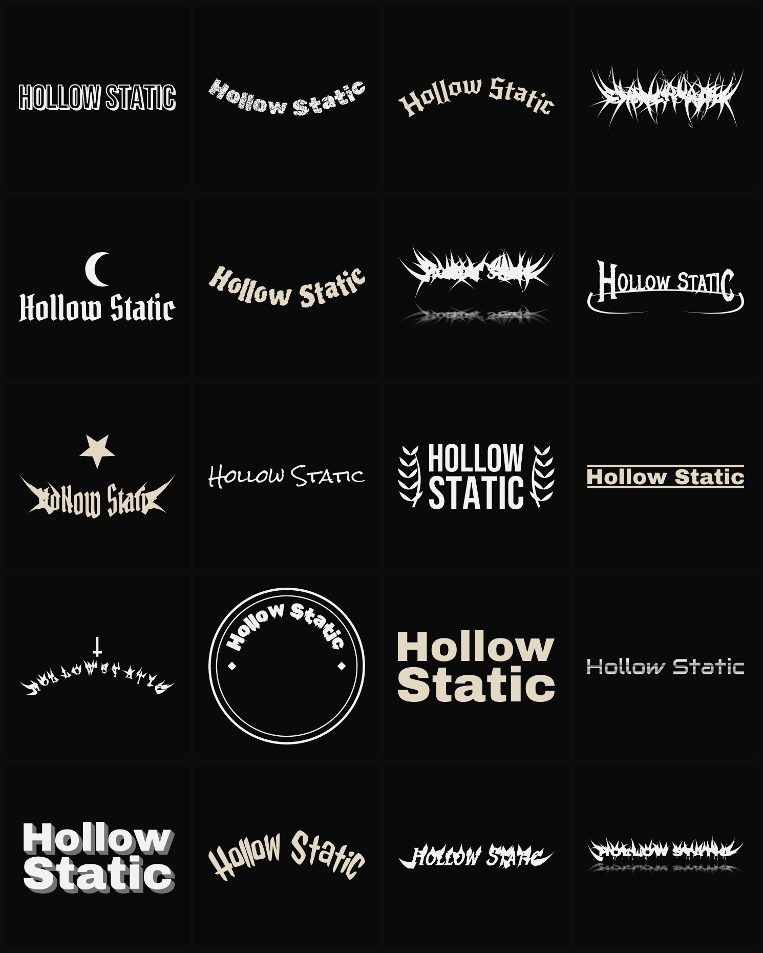 Twenty Hollow Static band logo ideas — different faces, treatments and spike settings