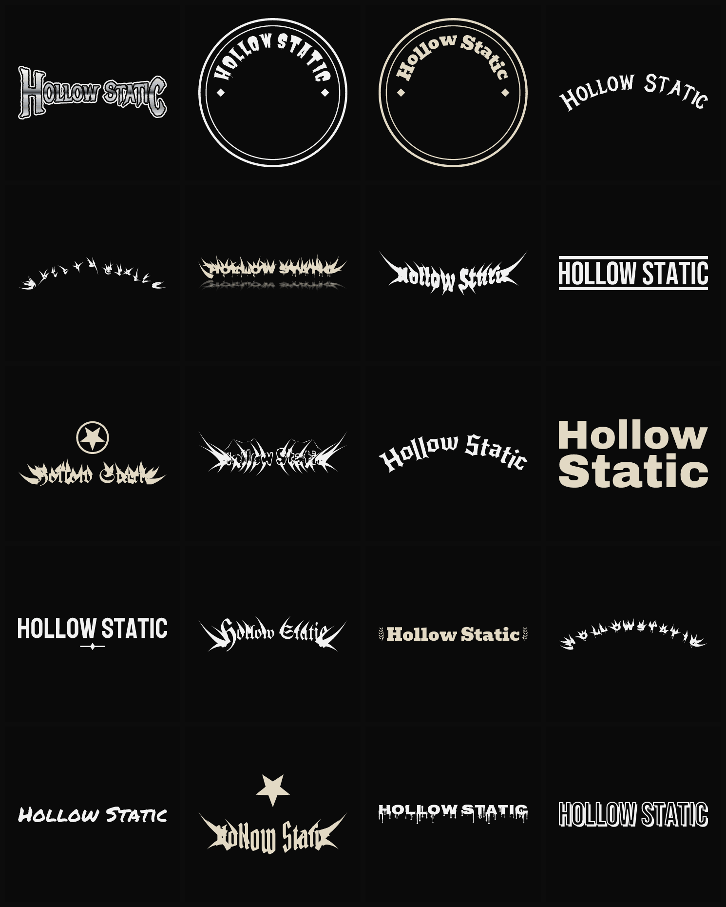 Twenty Hollow Static band logo ideas — different faces, treatments and spike settings