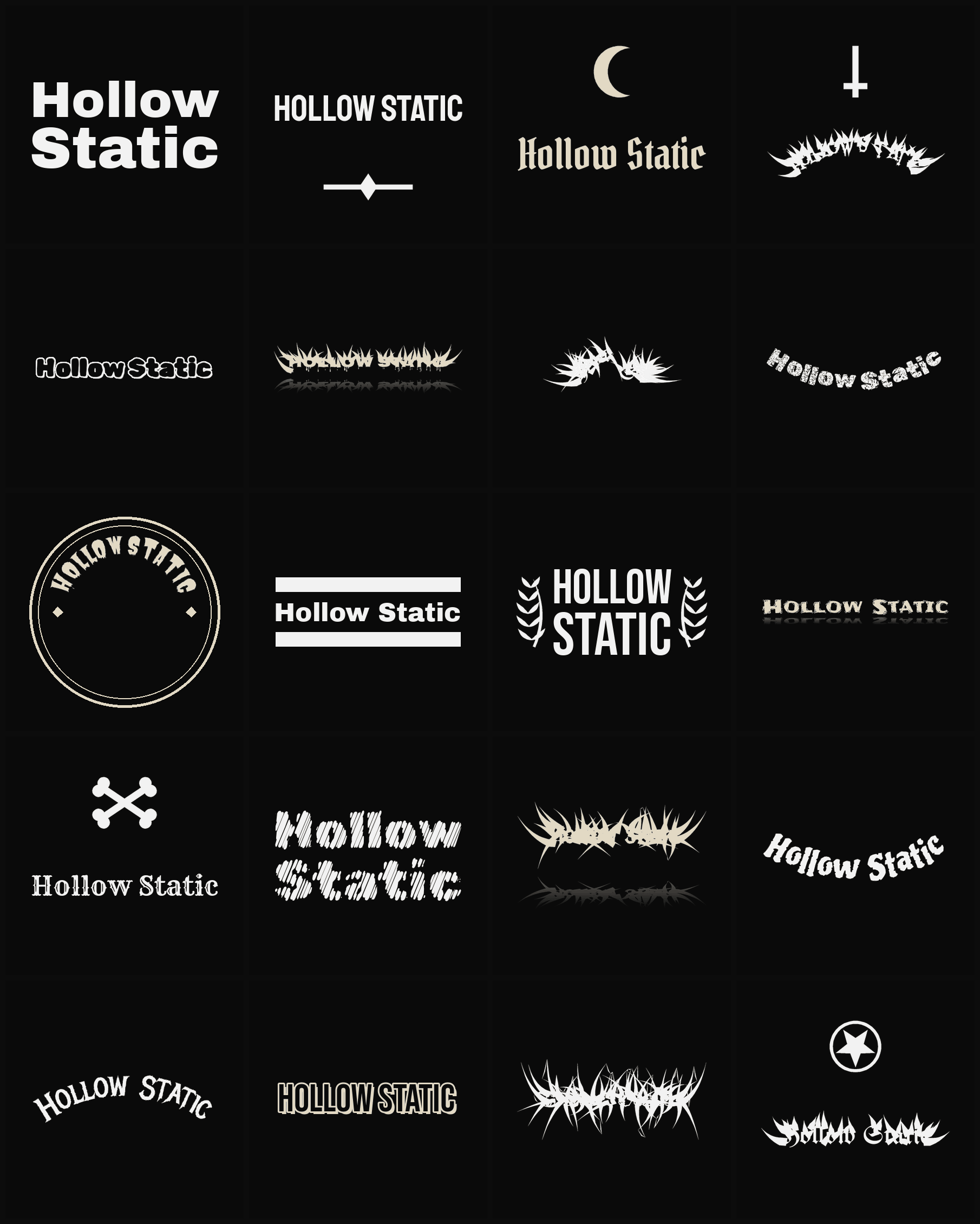 Twenty Hollow Static band logo ideas — different faces, treatments and spike settings